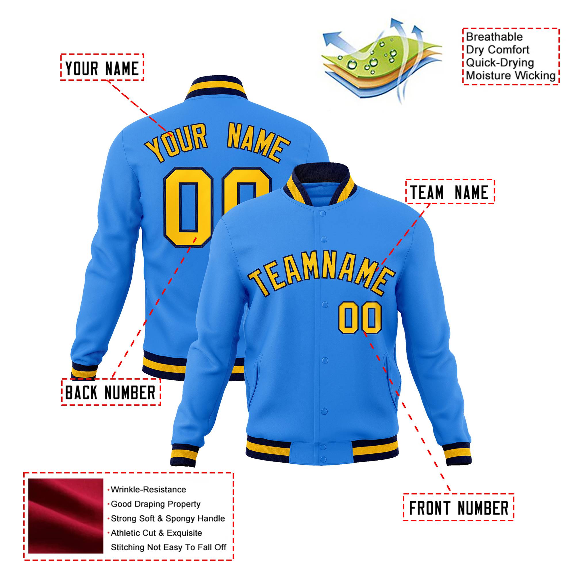 Custom Powder Blue- Yellow-Navy Bomber Full-Snap Varsity Letterman Jacket