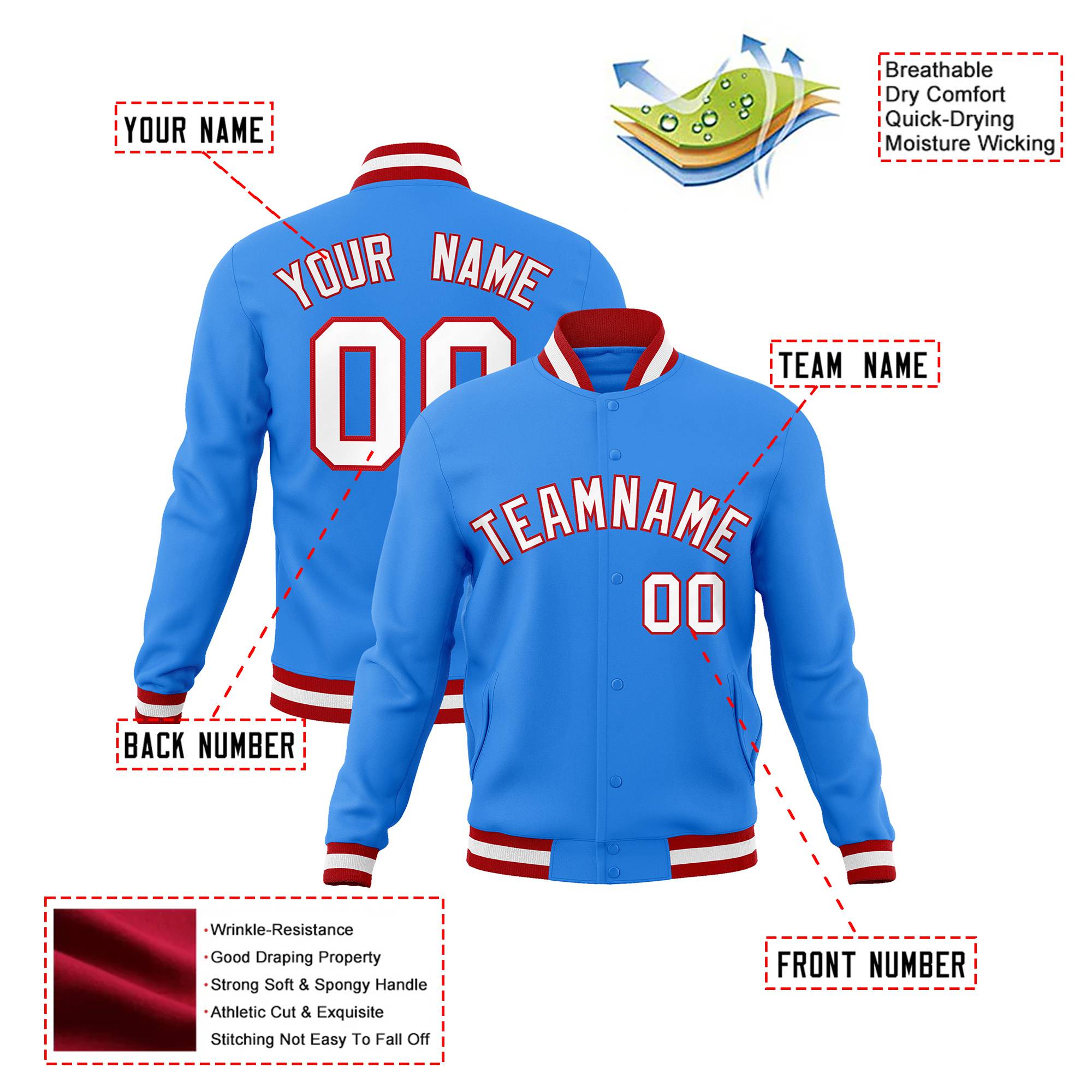 Custom Powder Blue- White-Red Bomber Full-Snap Varsity Letterman Jacket