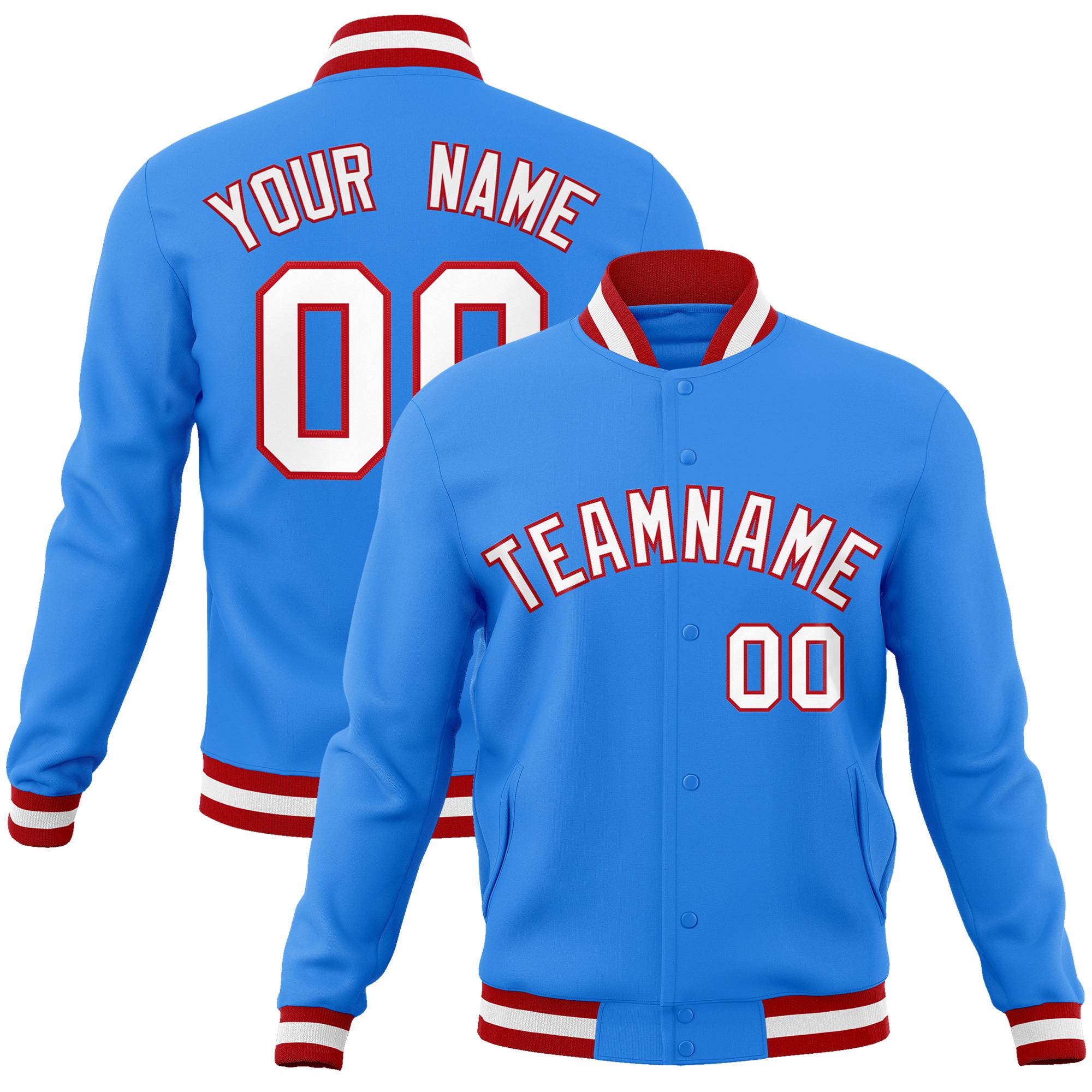 Custom Powder Blue- White-Red Bomber Full-Snap Varsity Letterman Jacket