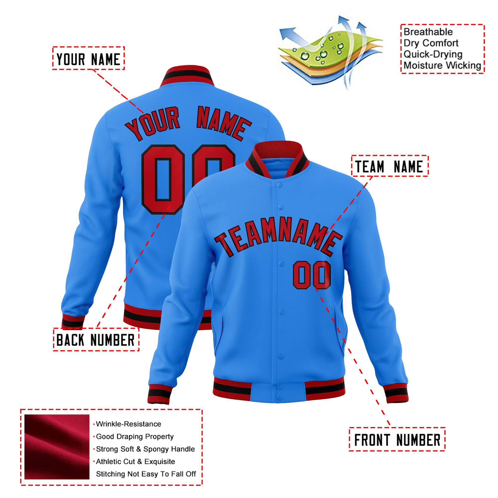 Custom Powder Blue- Red-Black Bomber Full-Snap Varsity Letterman Jacket