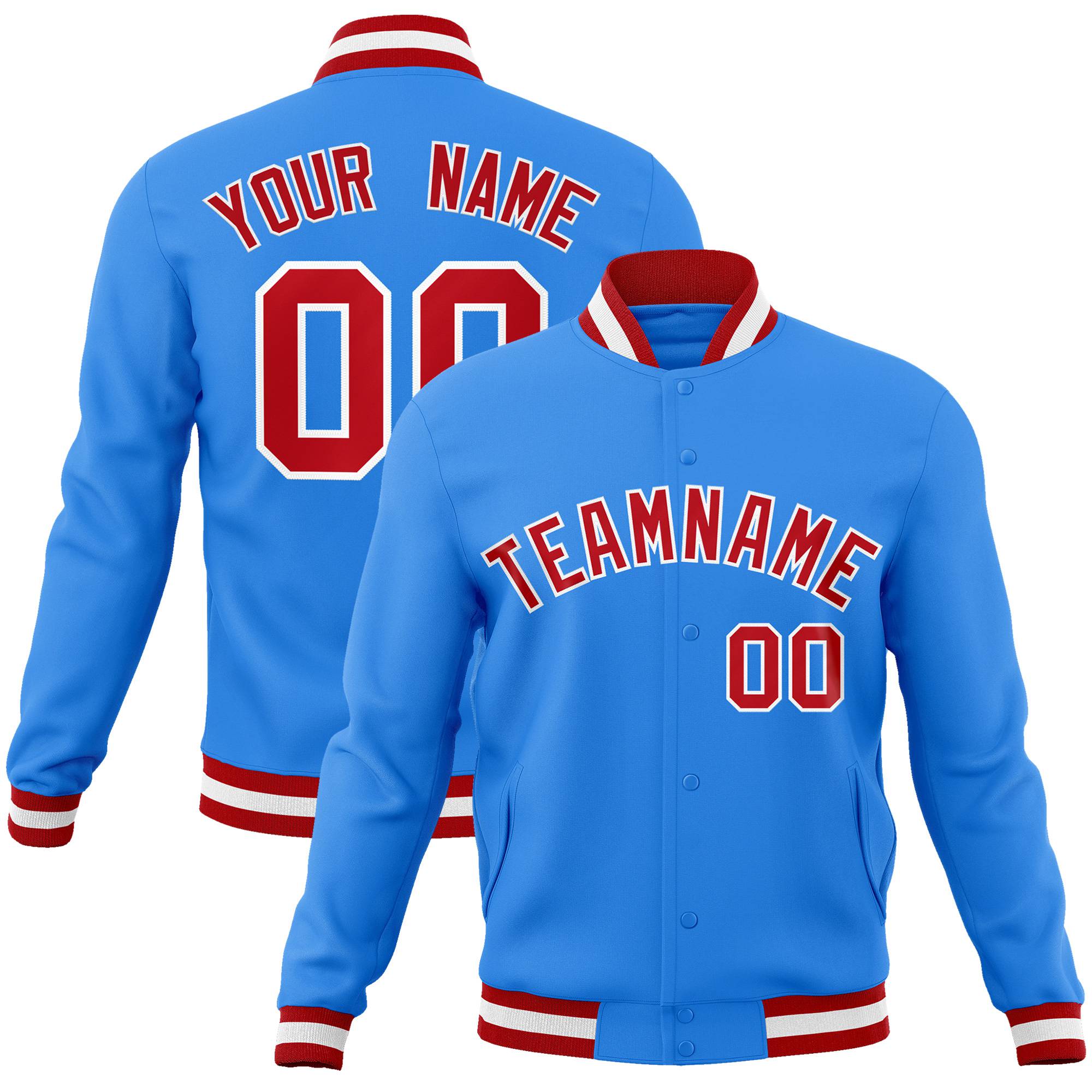 Custom Electric Blue Red-White Bomber Full-Snap Varsity Letterman Jacket