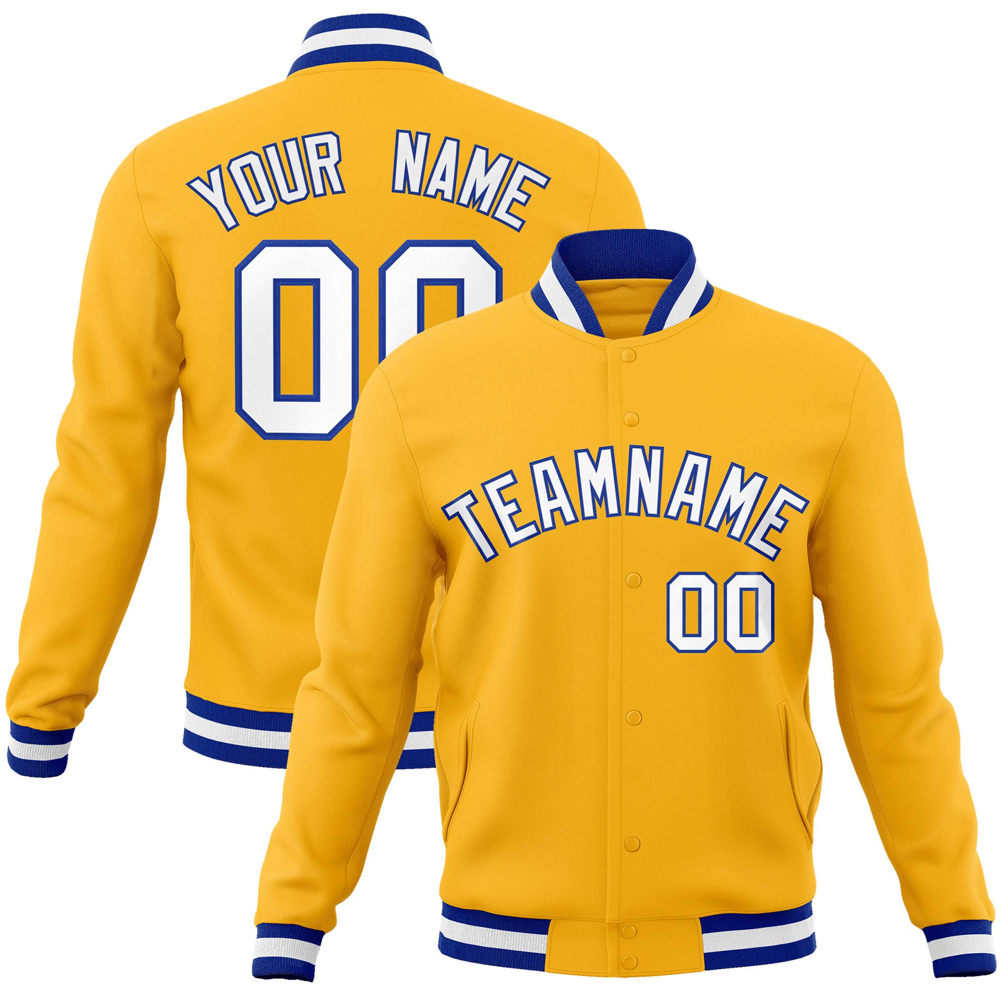 Custom Yellow- White-Purple Bomber Full-Snap Varsity Letterman Jacket