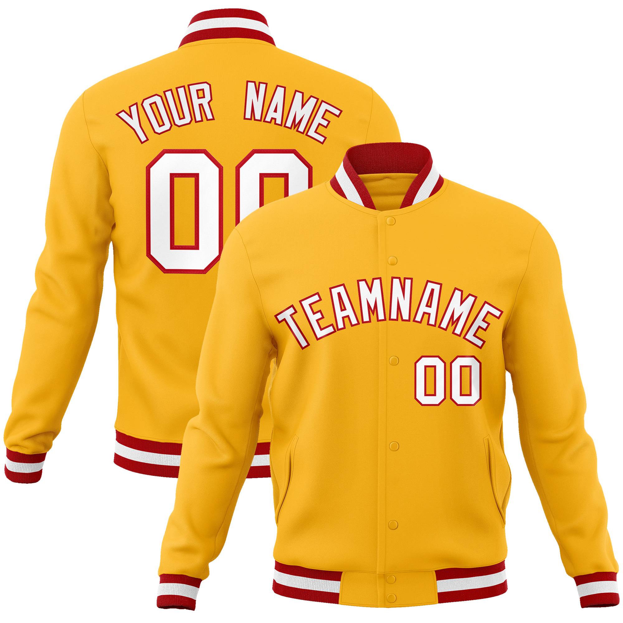 Custom Yellow- White-Red Bomber Full-Snap Varsity Letterman Jacket