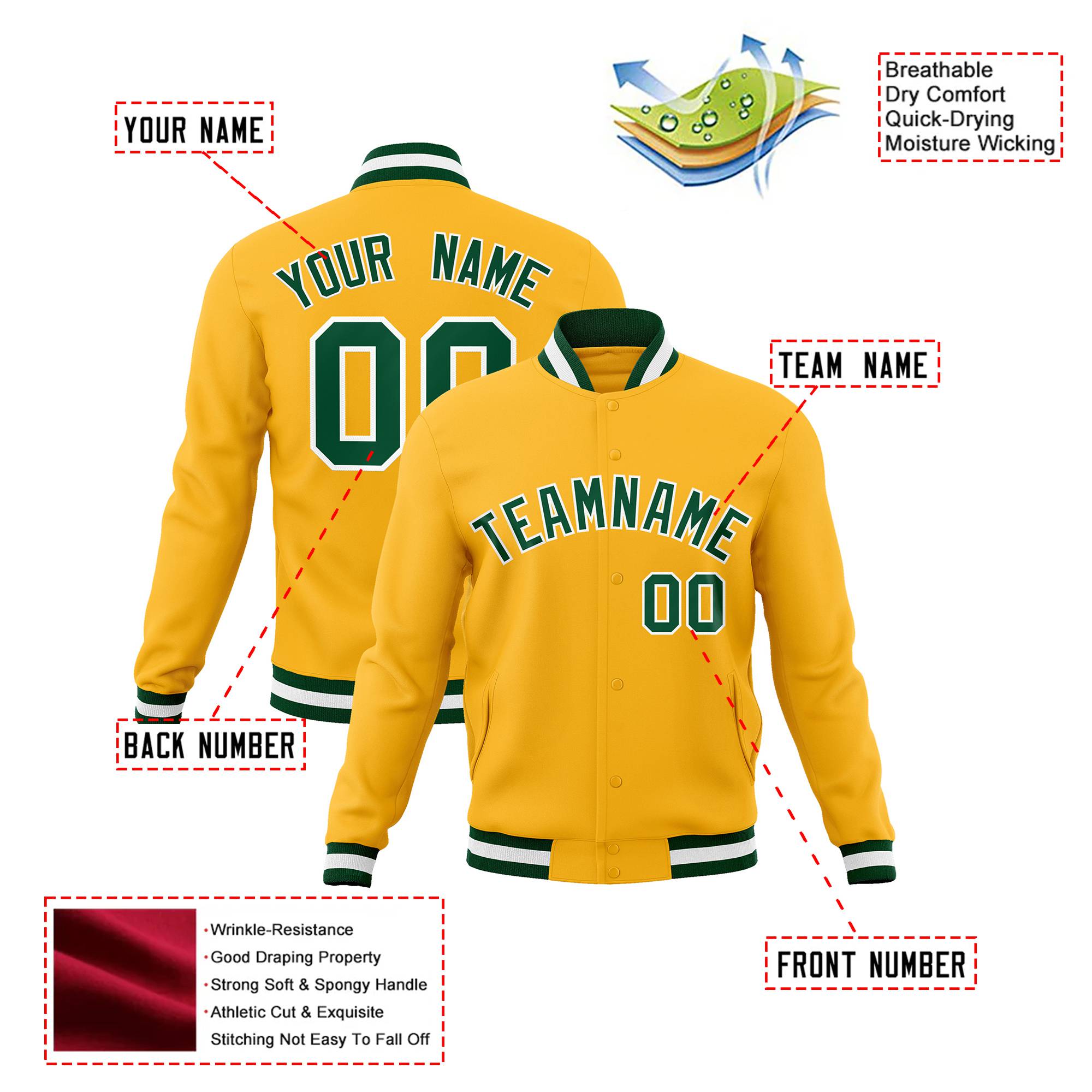 Custom Yellow- Kelly-Green White Bomber Full-Snap Varsity Letterman Jacket