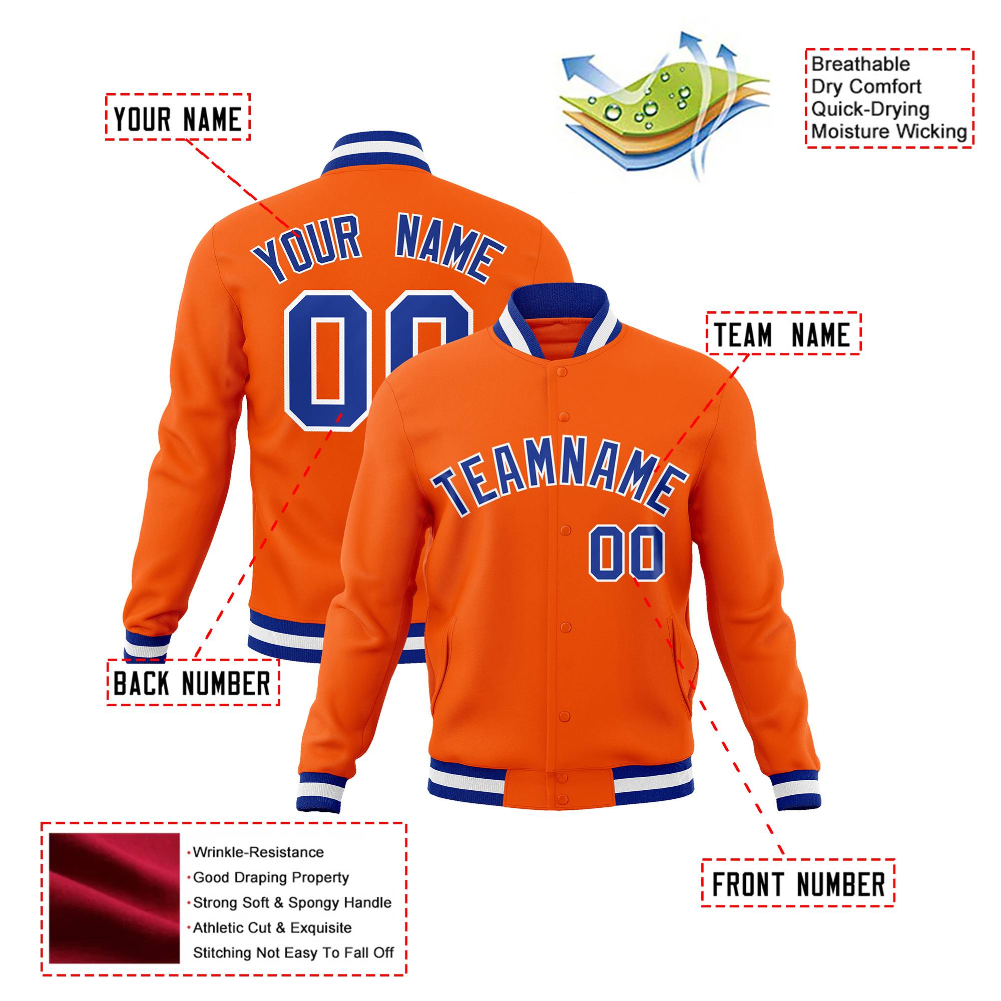 Custom Orange- Purple-White Bomber Full-Snap Varsity Letterman Jacket