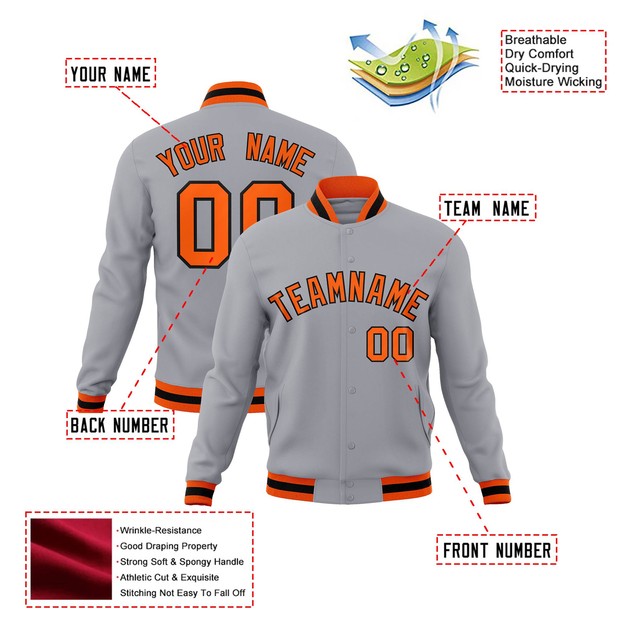 Custom Gray- Orange-Black Bomber Full-Snap Varsity Letterman Jacket