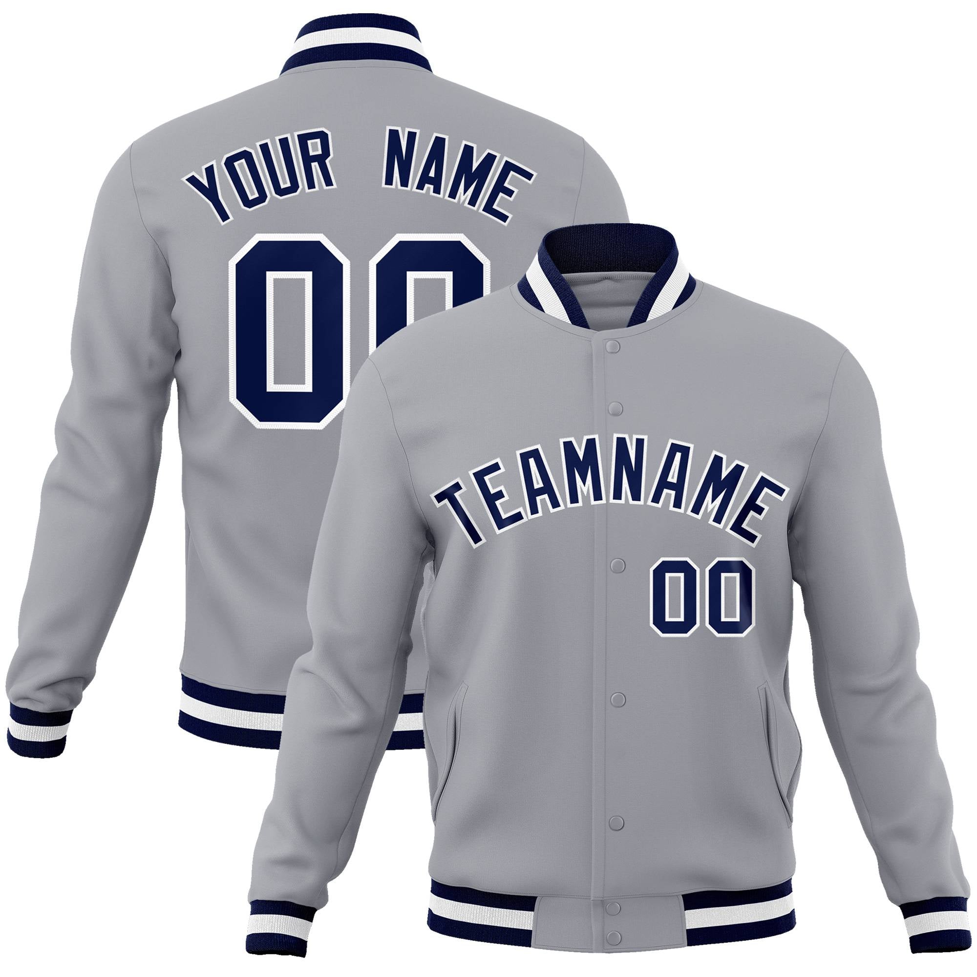 Custom Gray- Navy-White Bomber Full-Snap Varsity Letterman Jacket