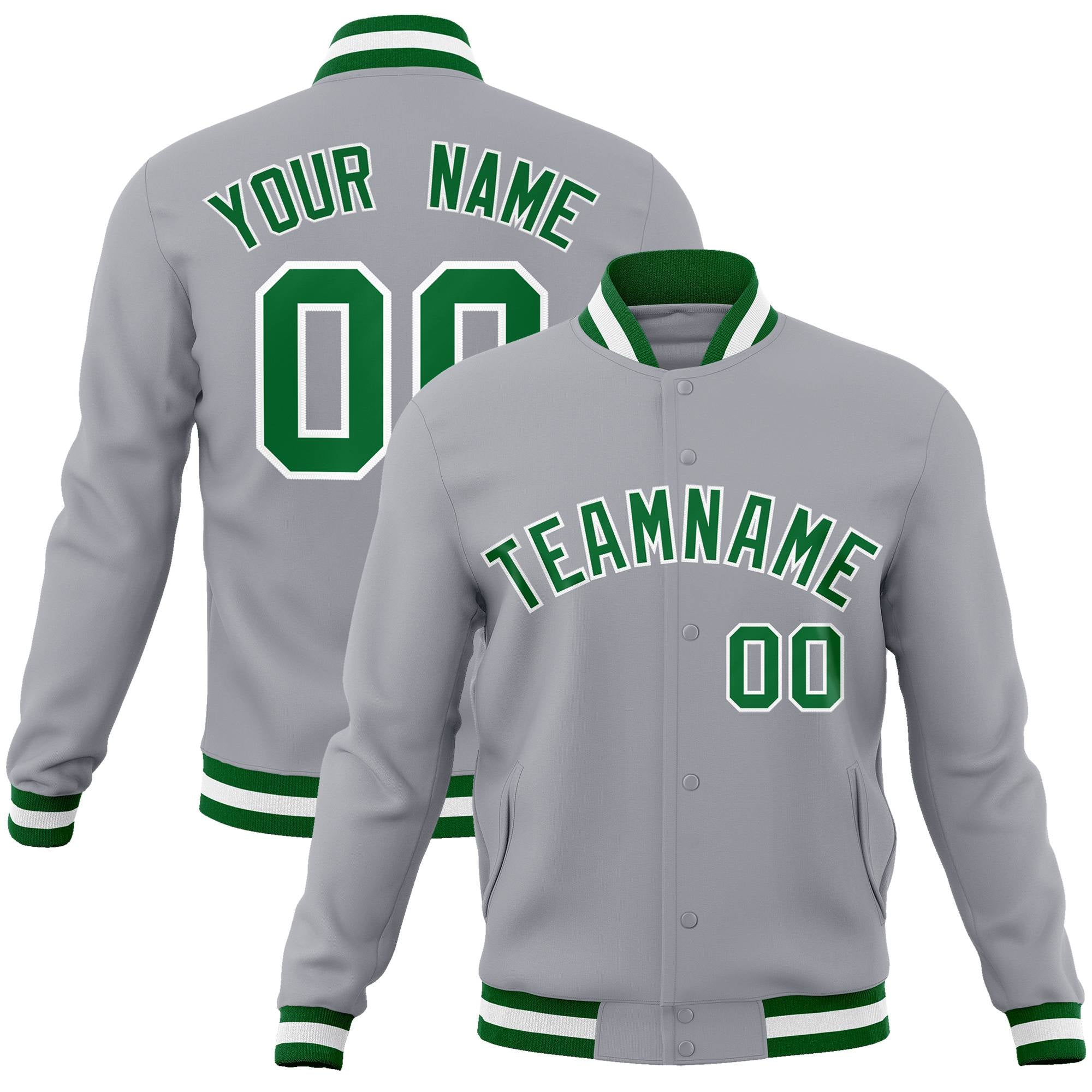 Custom Gray- Neon Green- White Bomber Full-Snap Varsity Letterman Jacket