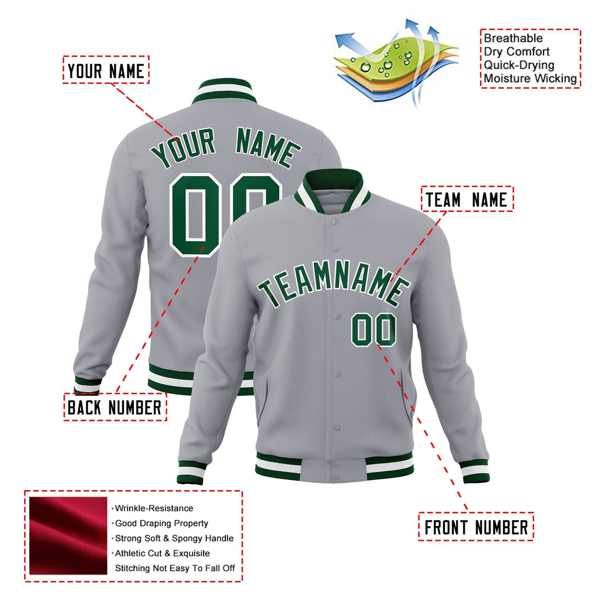 Custom Gray- Neon Green- White Bomber Full-Snap Varsity Letterman Jacket