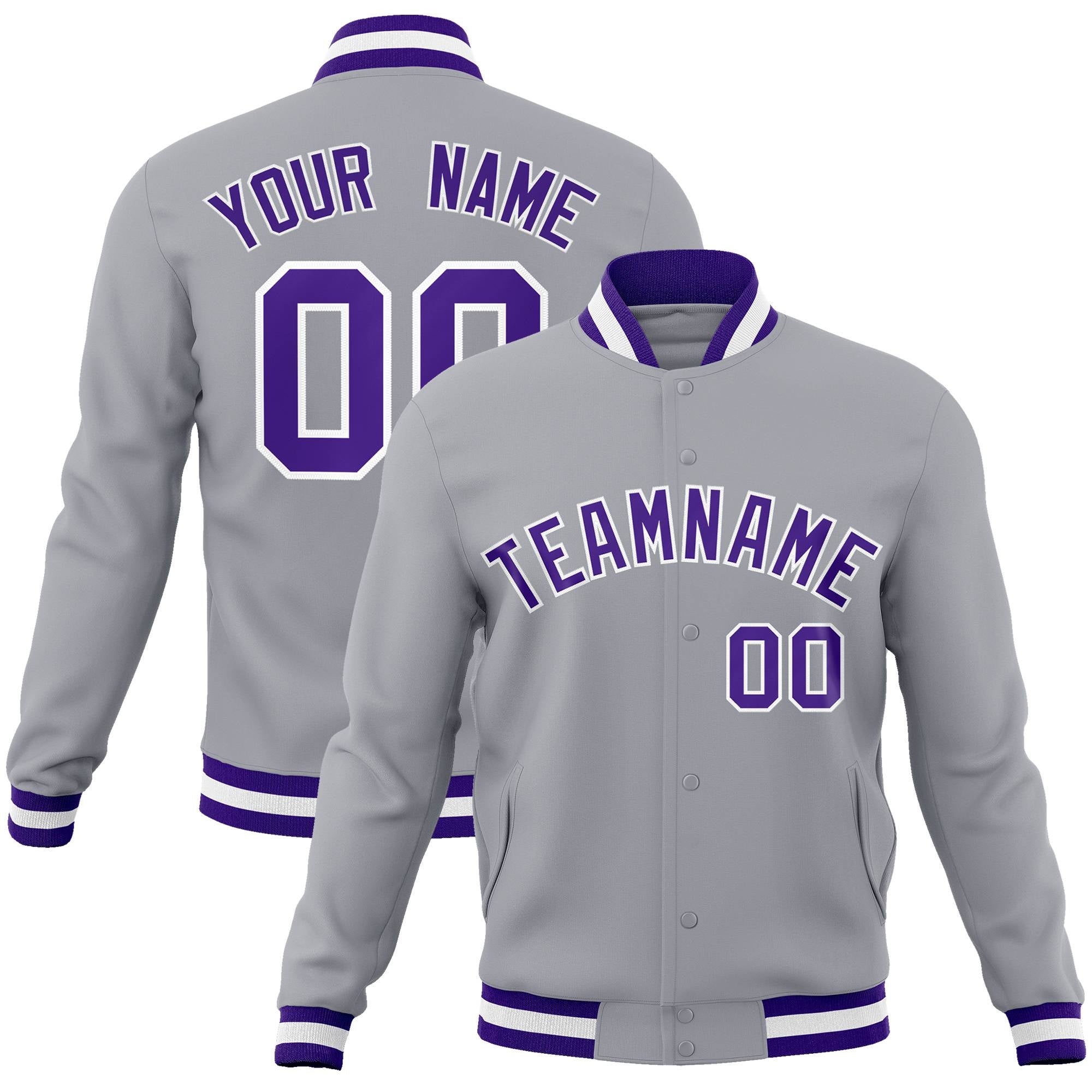 Custom Gray- Purple-White Bomber Full-Snap Varsity Letterman Jacket