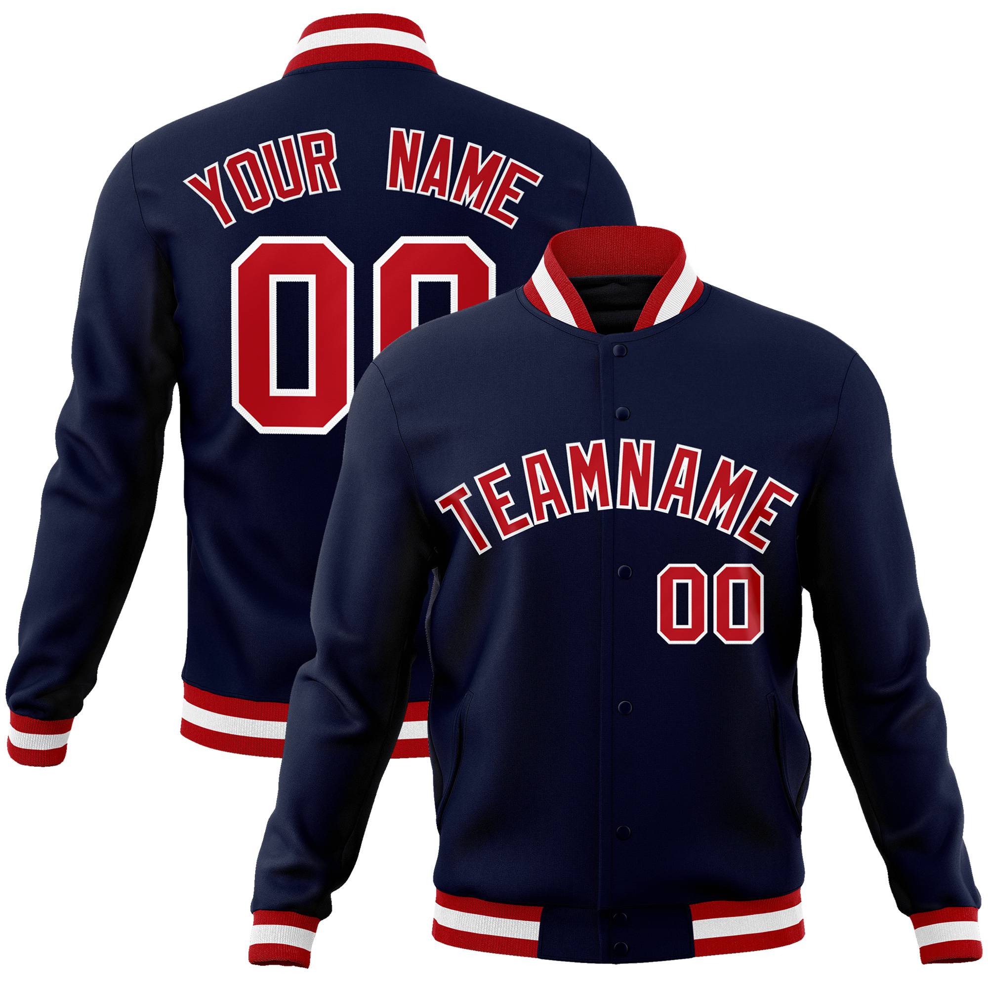 Custom Navy- Red-White Bomber Full-Snap Varsity Letterman Jacket