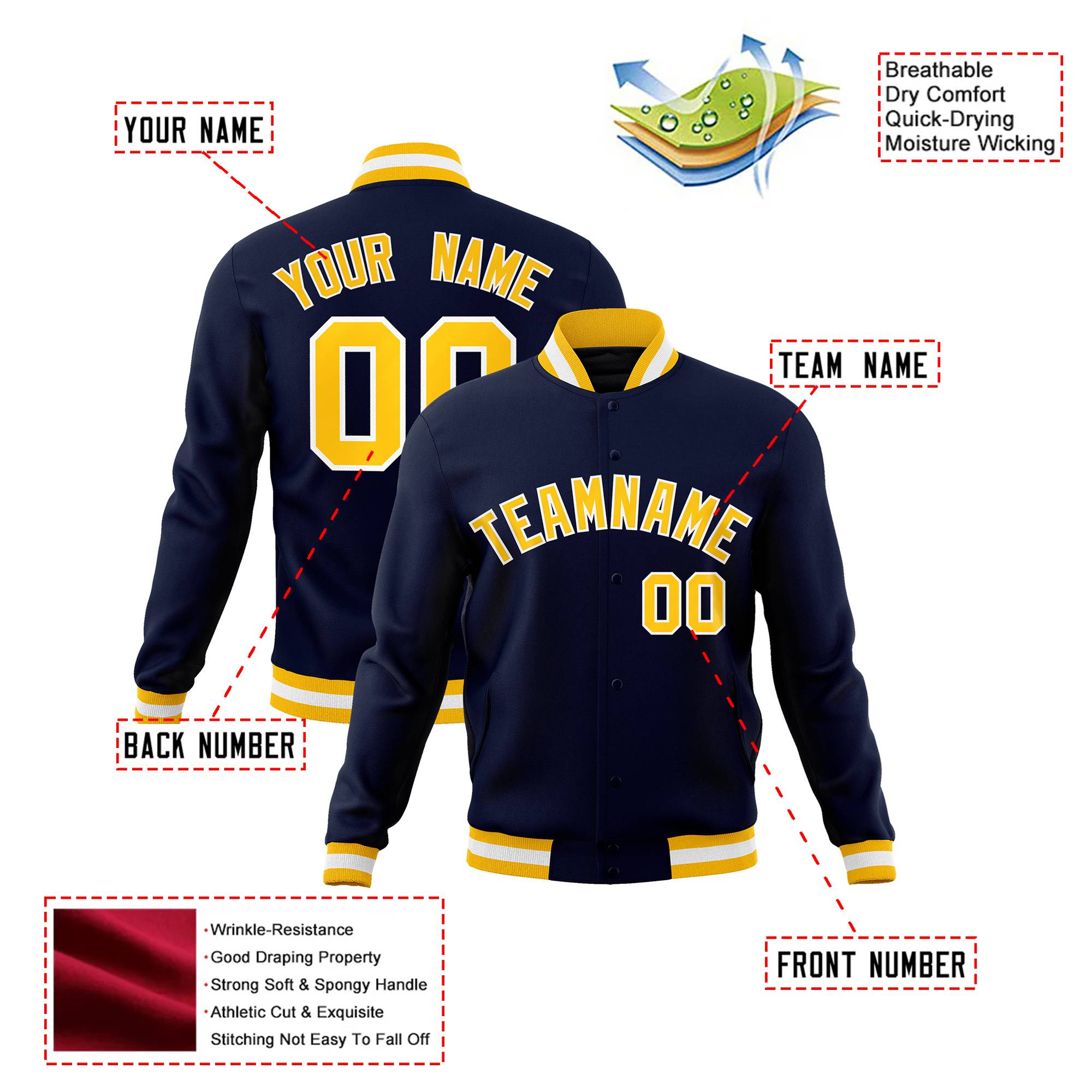 Custom Navy-Yellow-White Bomber Full-Snap Varsity Letterman Jacket