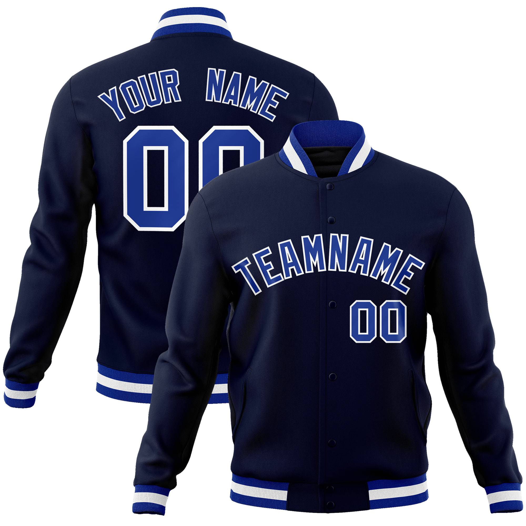 Custom Navy- Royal Blue- White Bomber Full-Snap Varsity Letterman Jacket