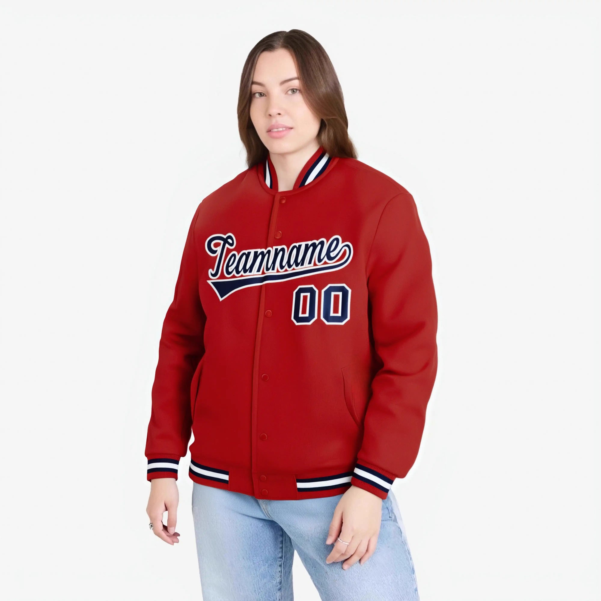 Custom Royal Red Navy White Bomber Full-Snap Varsity Letterman Jacket