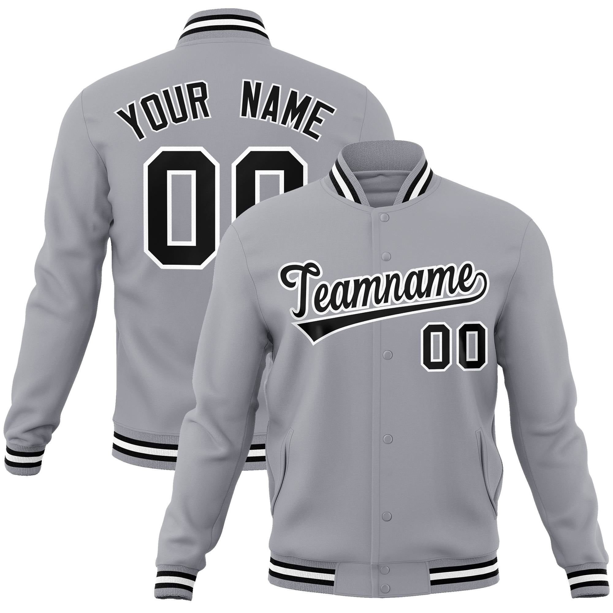 Custom Gray Black White Bomber Full-Snap Varsity Letterman Jacket