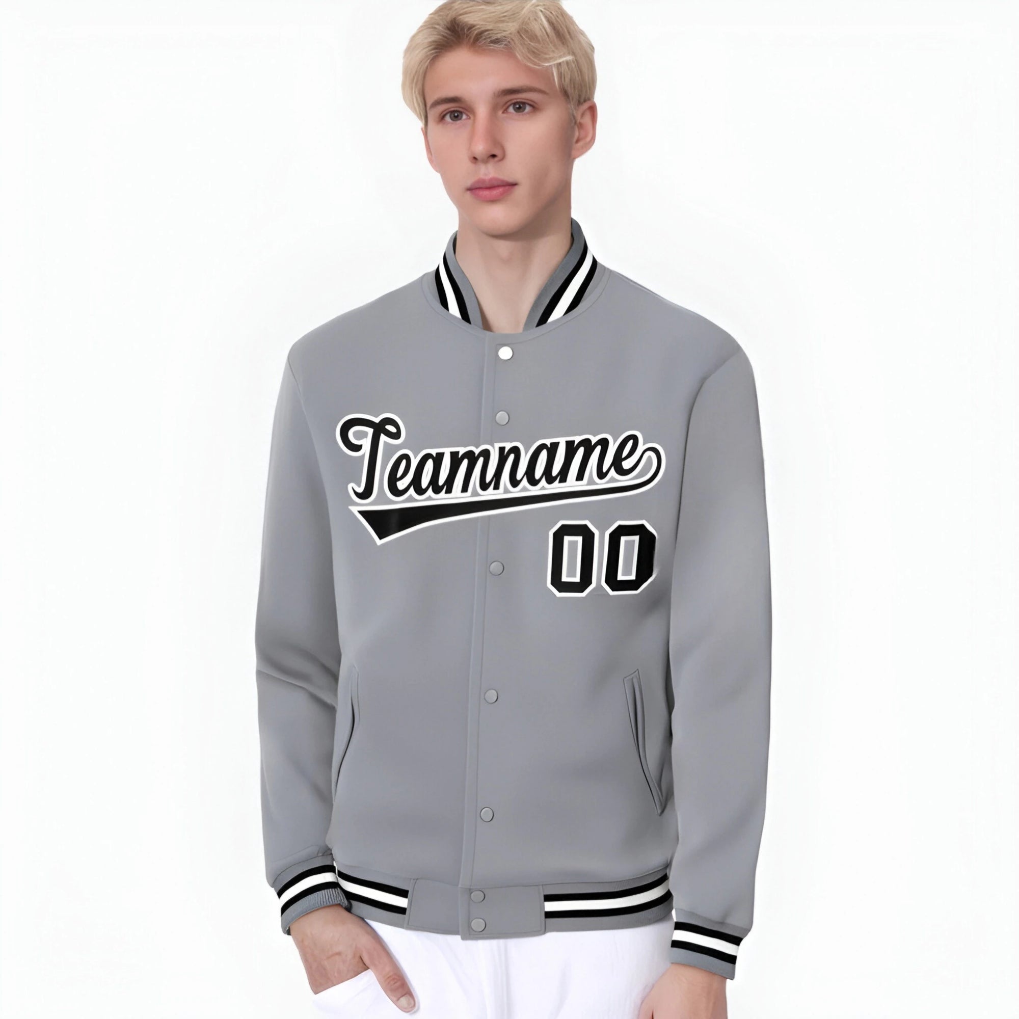 Custom Gray Black White Bomber Full-Snap Varsity Letterman Jacket