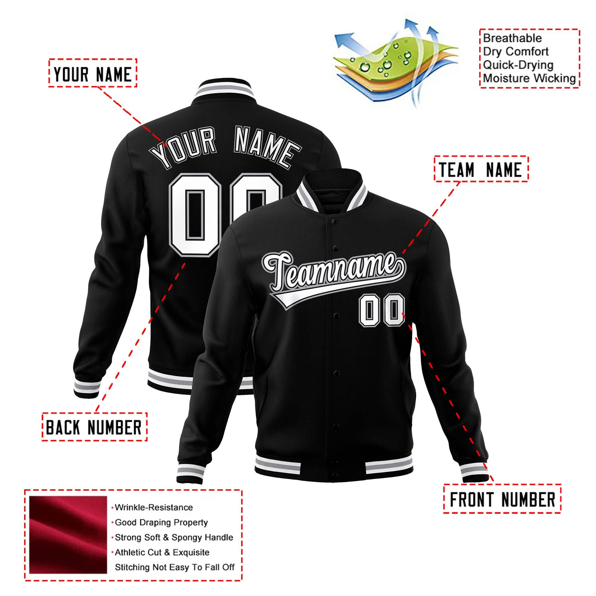 Custom Black Gray White Bomber Full-Snap Varsity Letterman Jacket