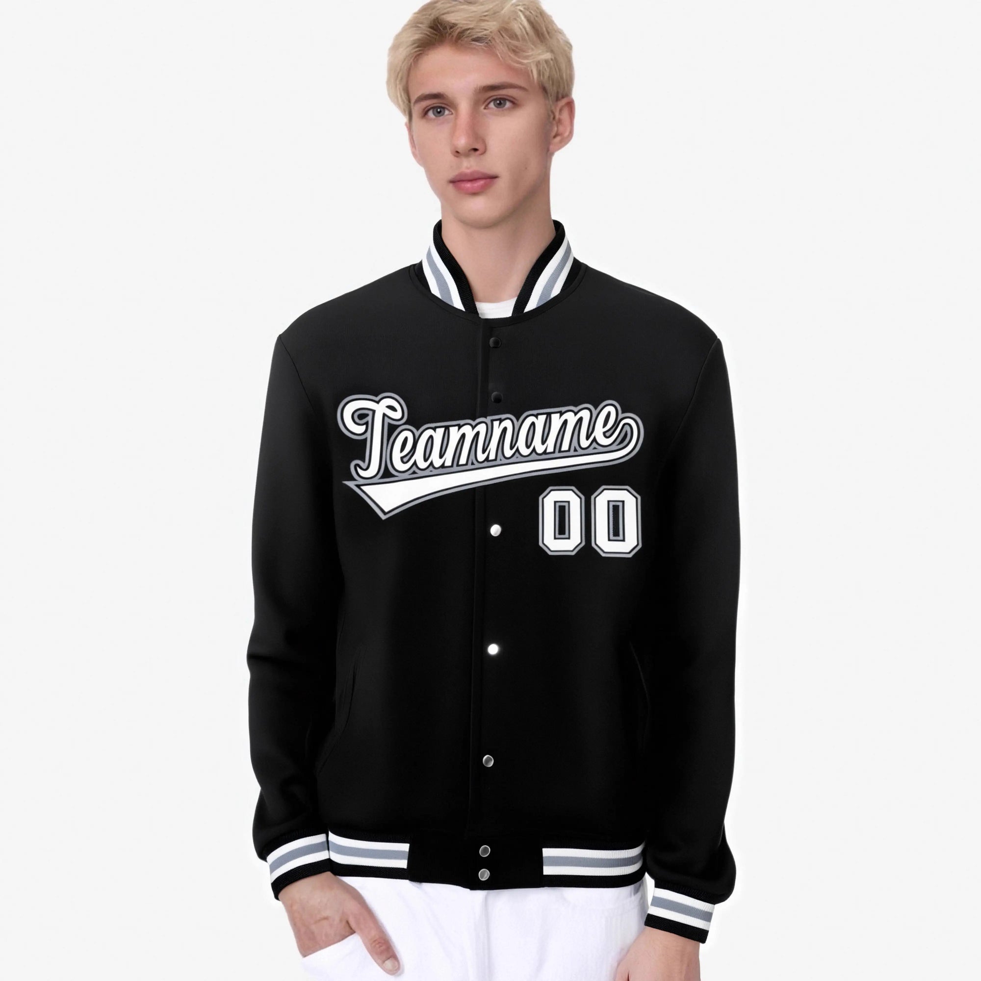 Custom Black Gray White Bomber Full-Snap Varsity Letterman Jacket