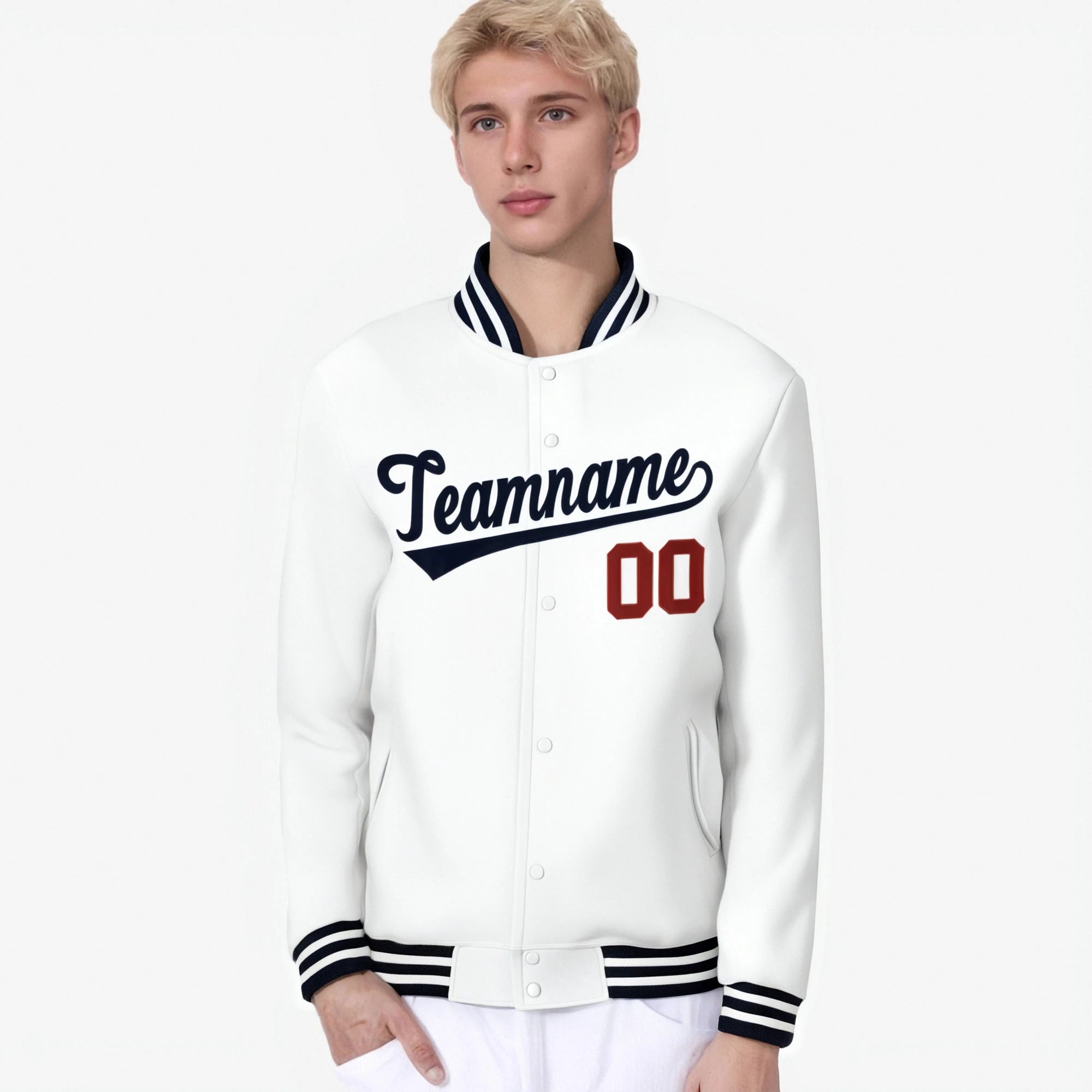 Custom White Navy Red Bomber Full-Snap Varsity Letterman Jacket