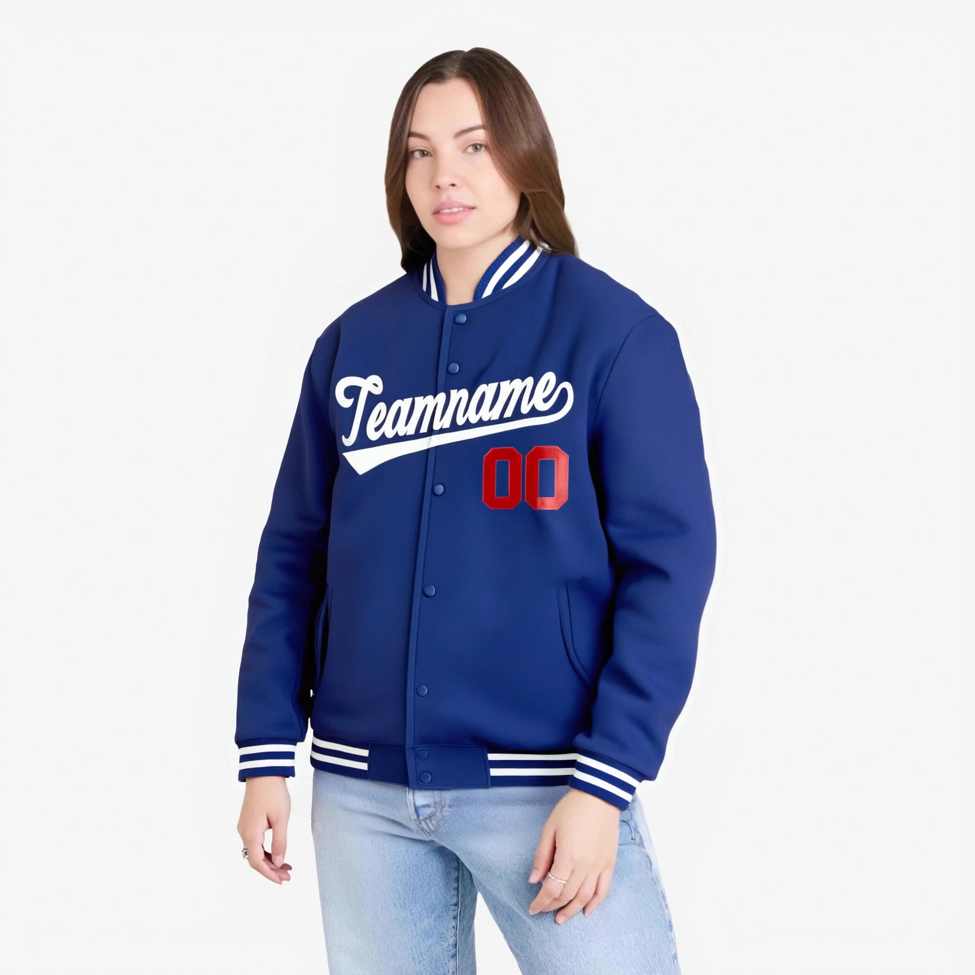 Custom Navy Blue White Red Bomber Full-Snap Varsity Letterman Jacket