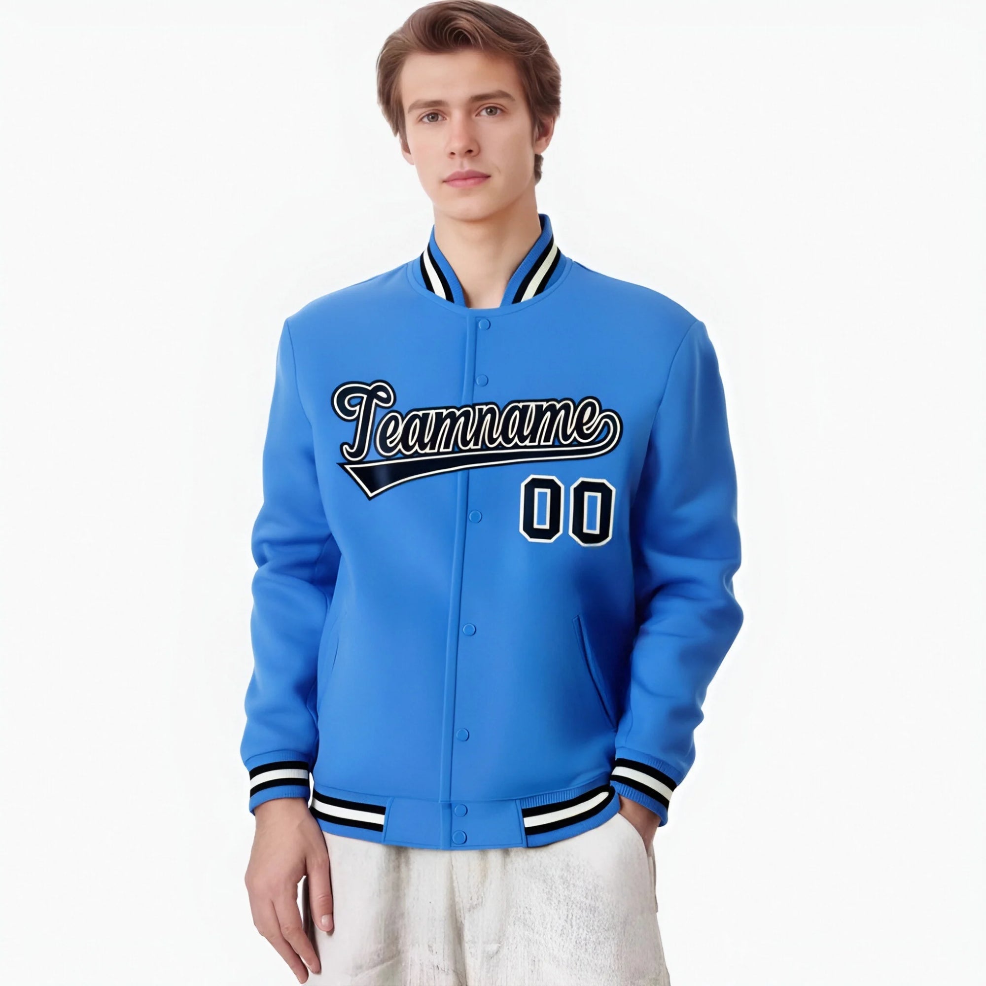 Custom Electric Blue Black White Bomber Full-Snap Varsity Letterman Jacket