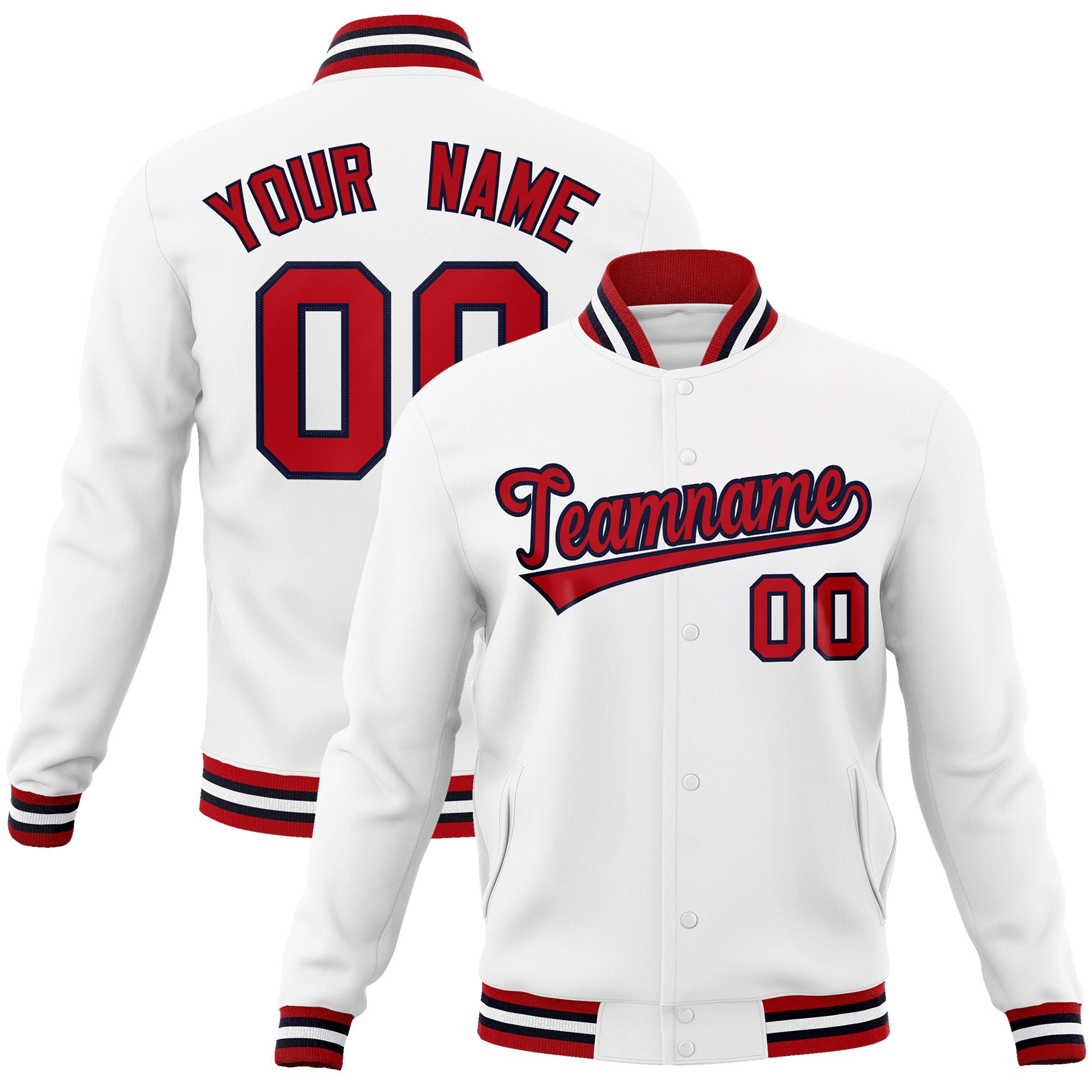 Custom White Red Black Bomber Full-Snap Varsity Letterman Jacket