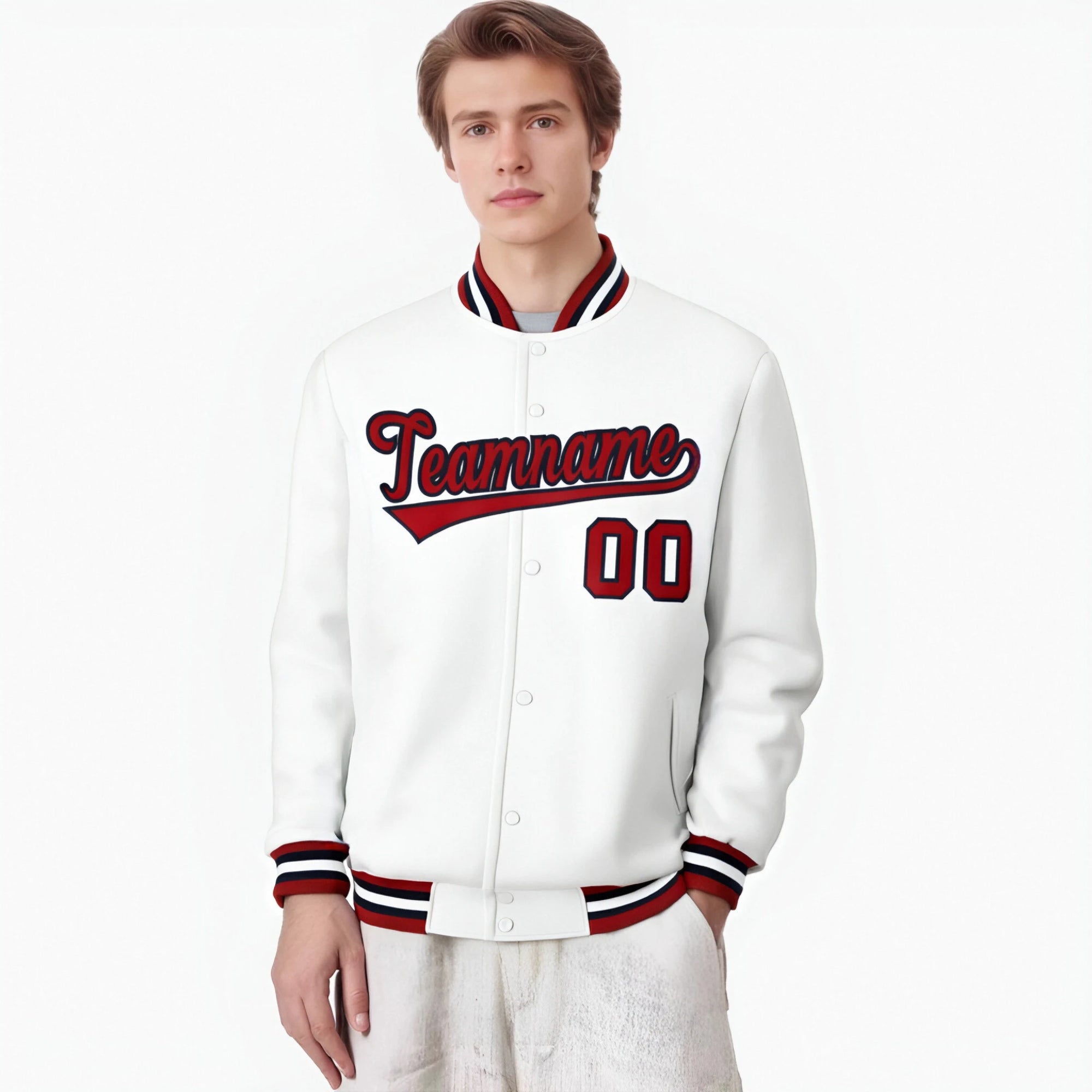 Custom White Red Black Bomber Full-Snap Varsity Letterman Jacket