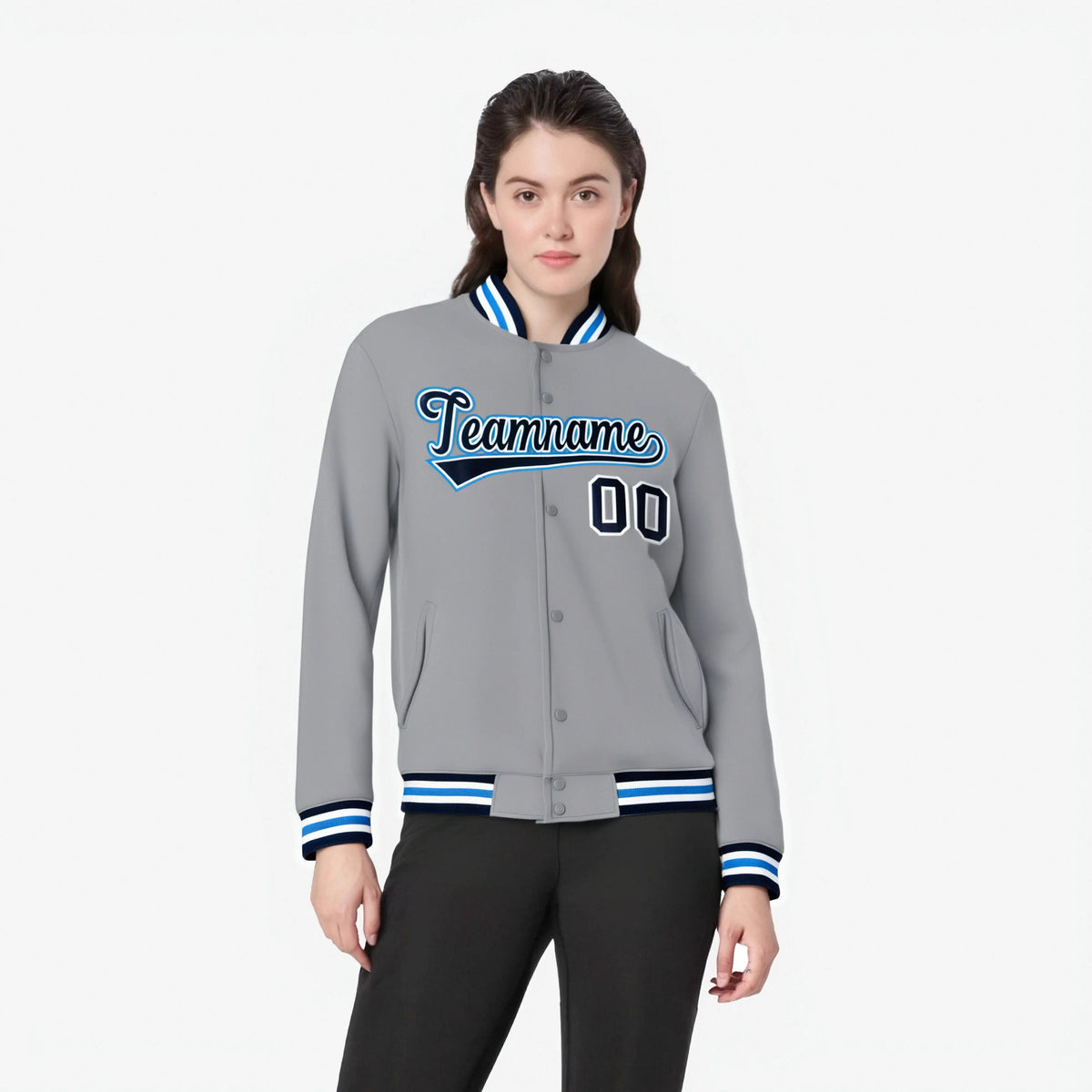 Custom Gray Black Light Blue Bomber Full-Snap Varsity Letterman Jacket