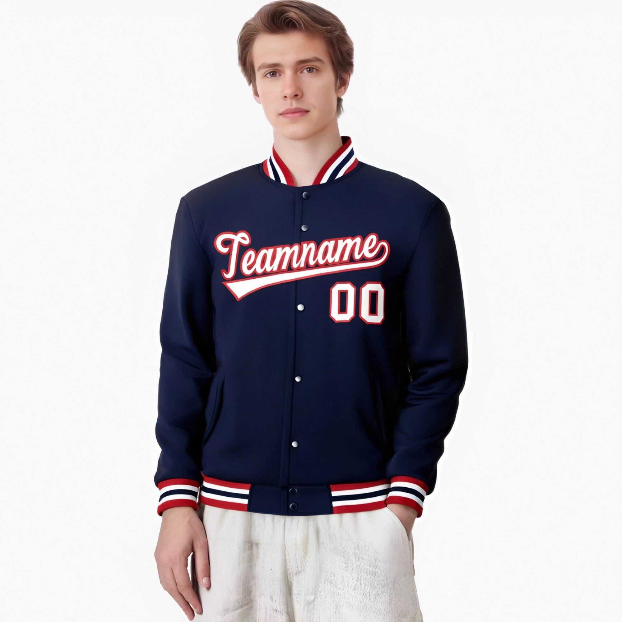 Custom Navy White Red Bomber Full-Snap Varsity Letterman Jacket