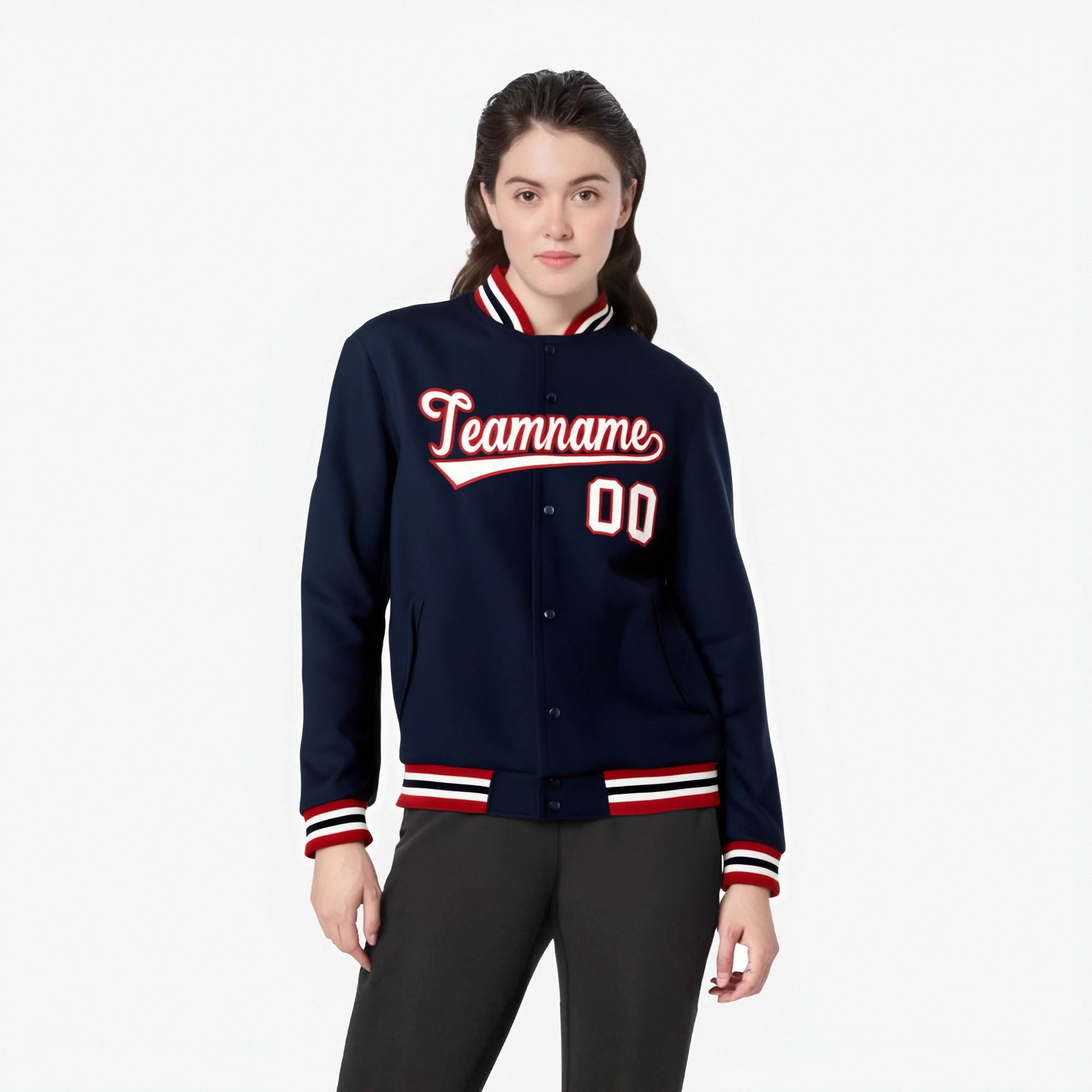 Custom Navy White Red Bomber Full-Snap Varsity Letterman Jacket