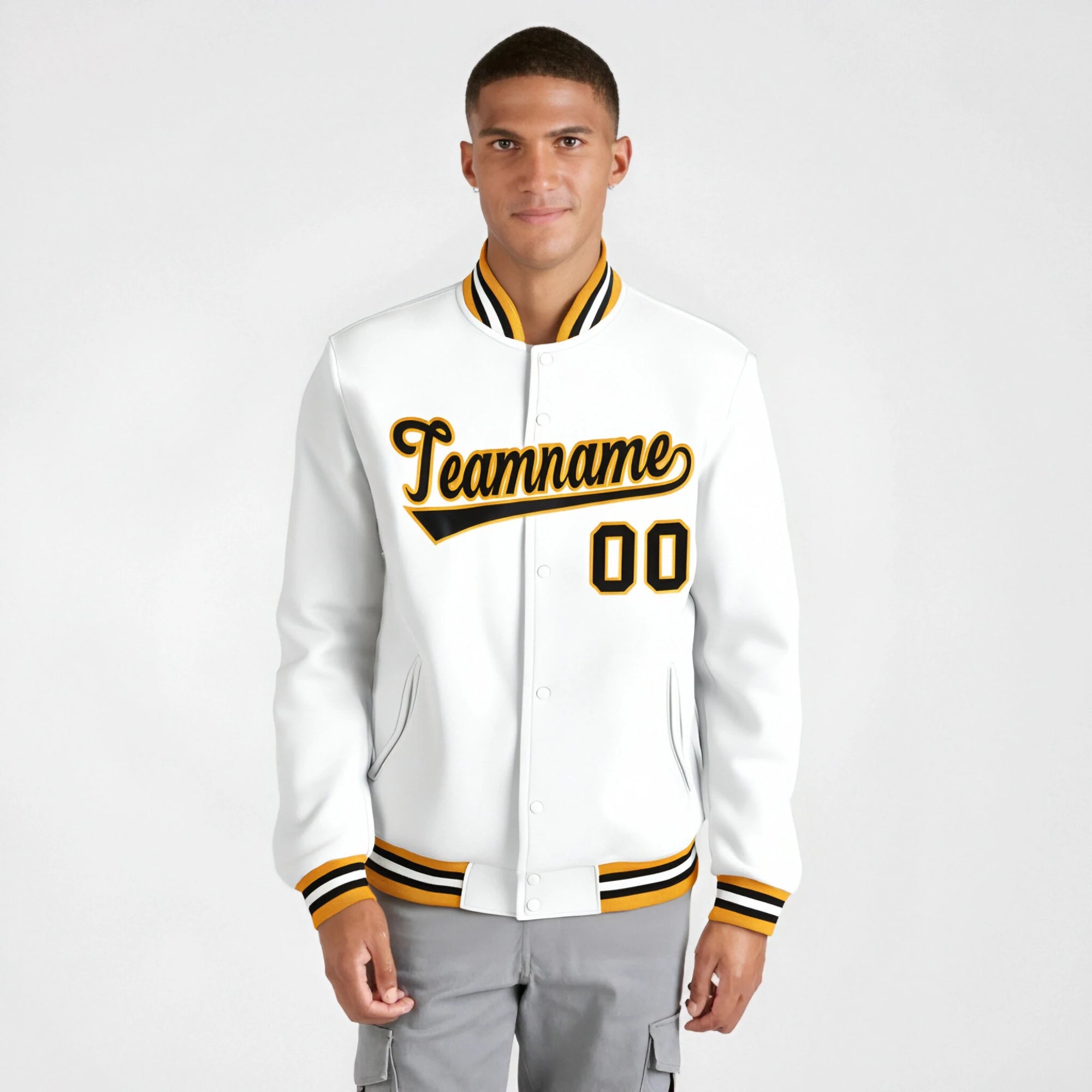 Custom White Black Gold Bomber Full-Snap Varsity Letterman Jacket