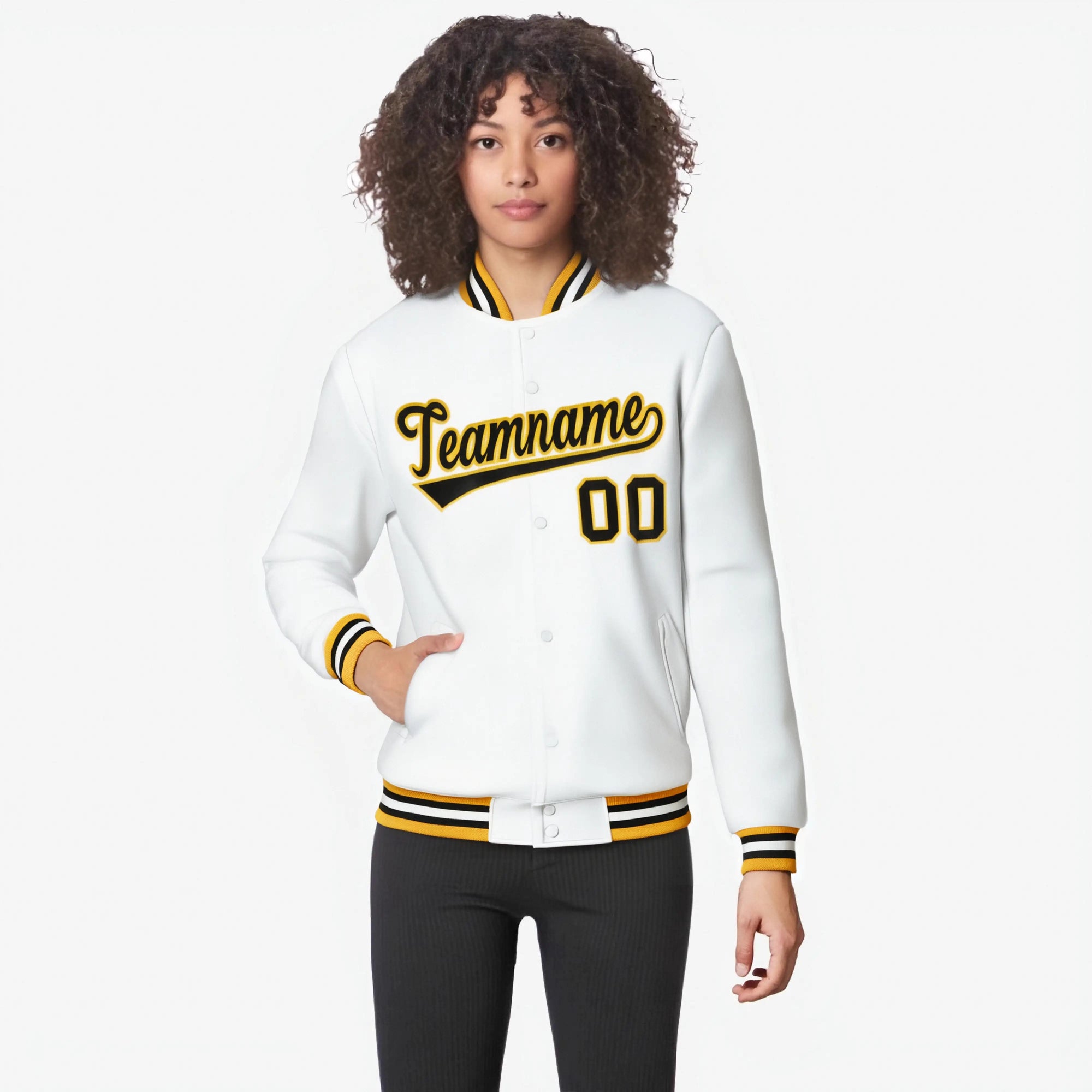 Custom White Black Gold Bomber Full-Snap Varsity Letterman Jacket