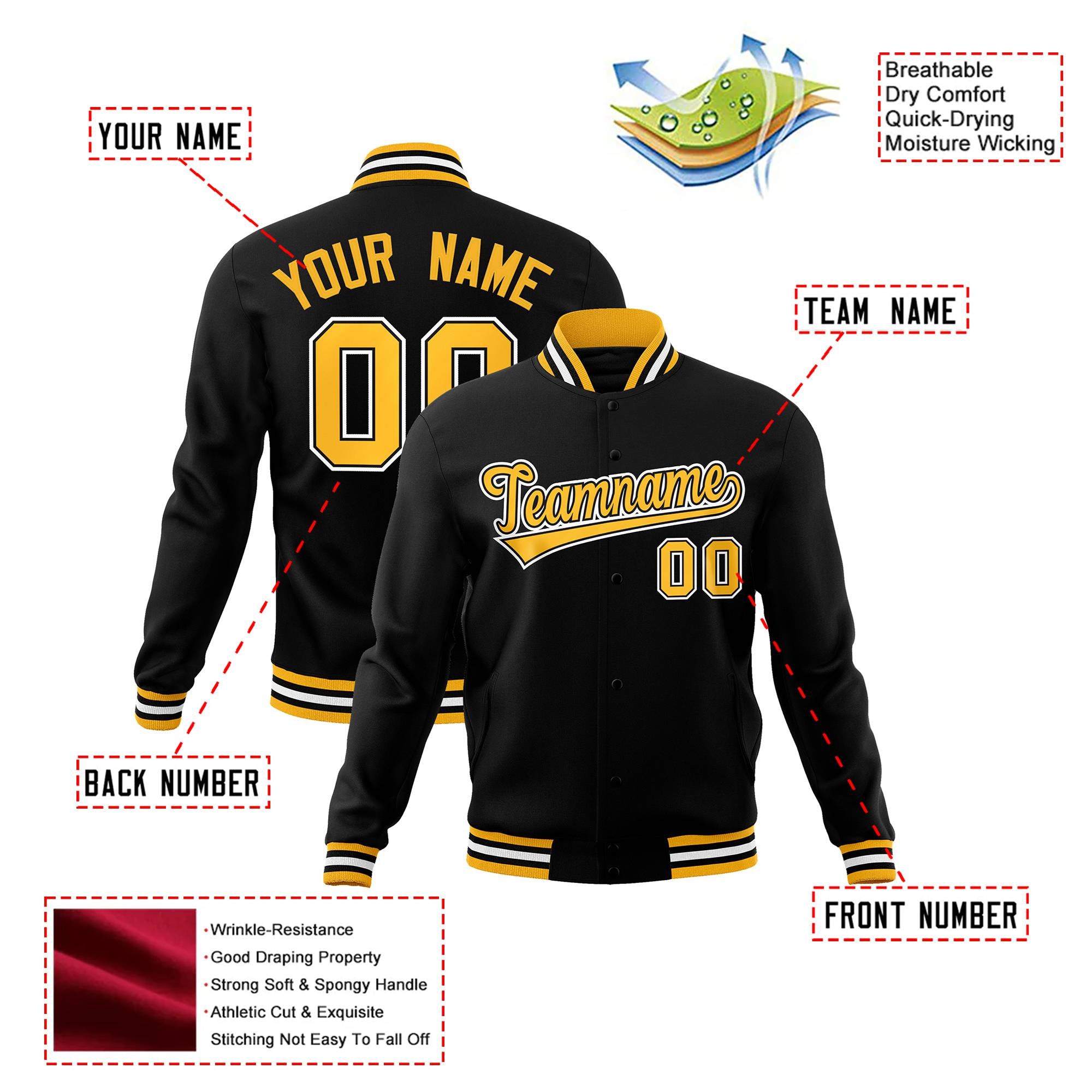 Custom Black Yellow White Bomber Full-Snap Varsity Letterman Jacket