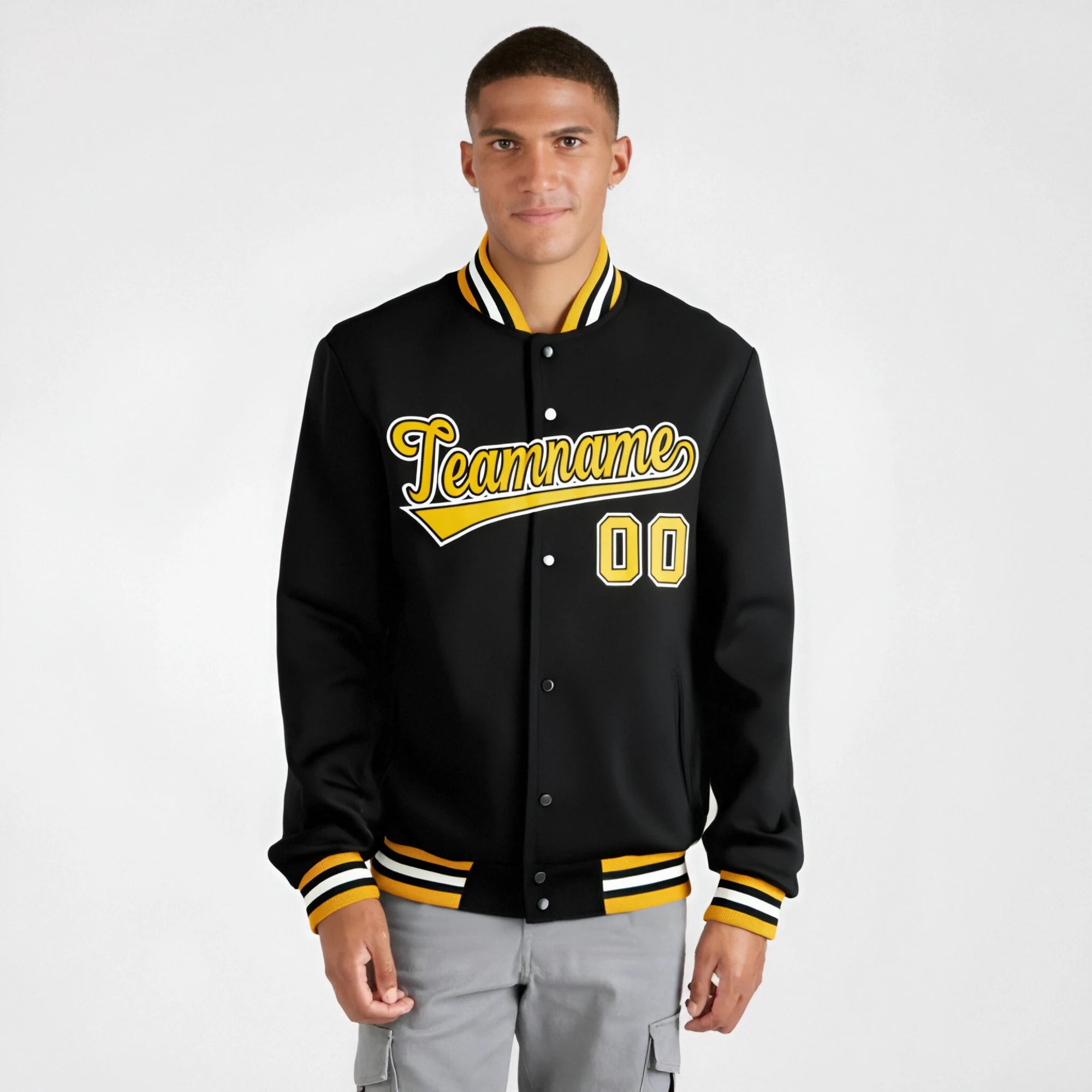 Custom Black Yellow White Bomber Full-Snap Varsity Letterman Jacket