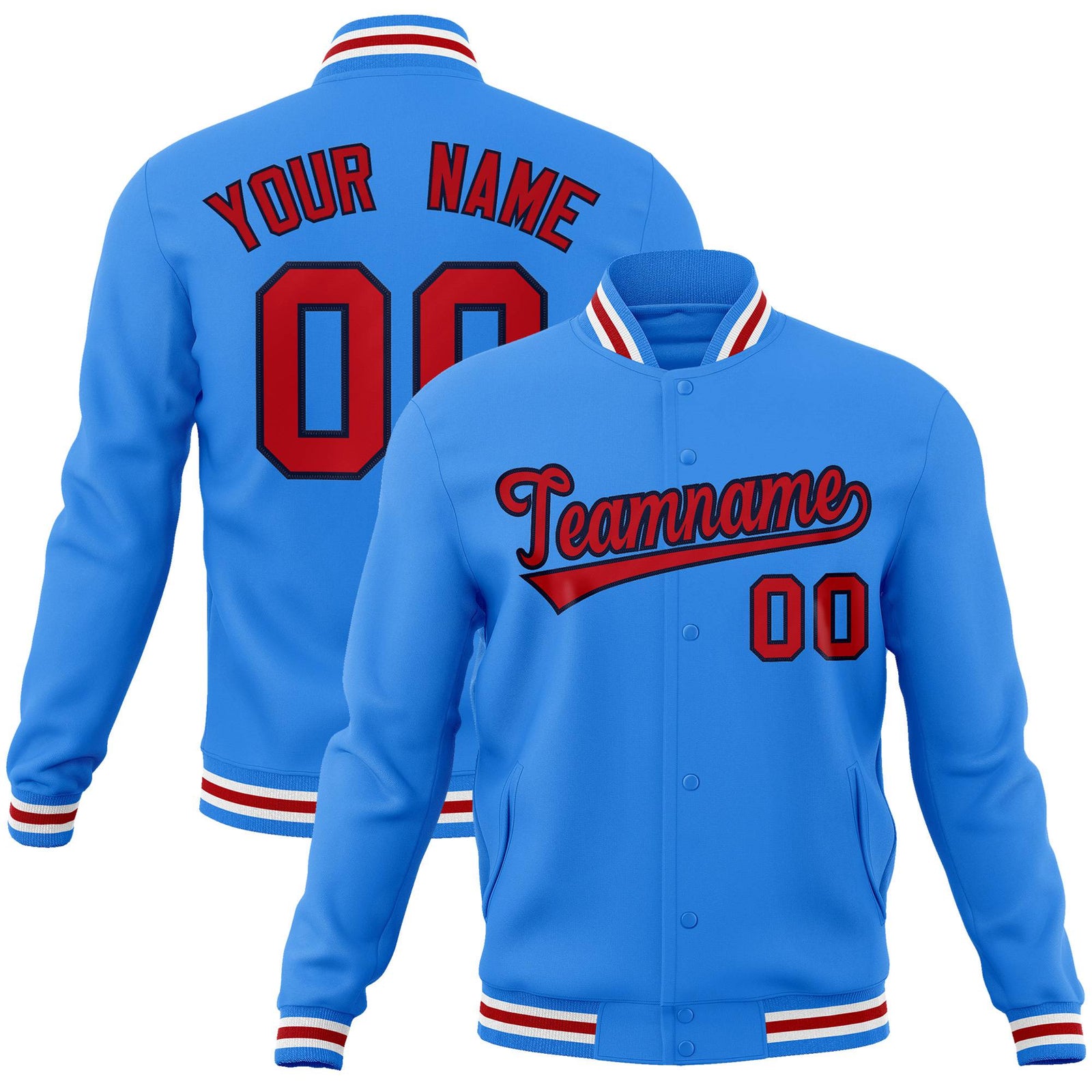 Custom Electric Blue Red White Bomber Full-Snap Varsity Letterman Jacket