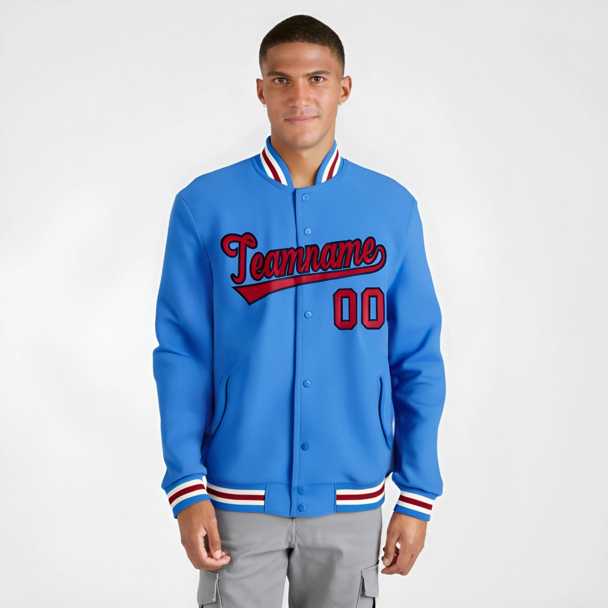 Custom Electric Blue Red White Bomber Full-Snap Varsity Letterman Jacket