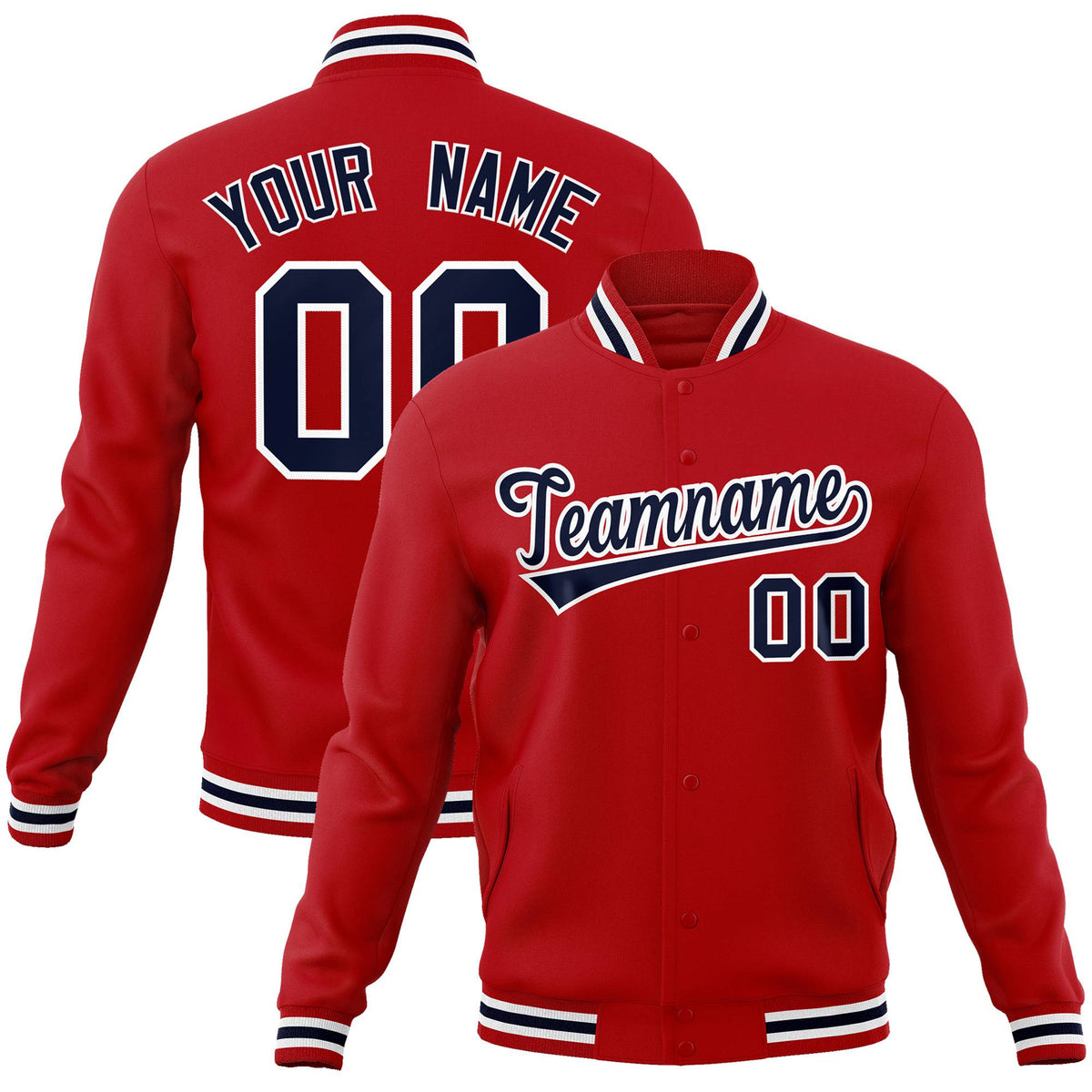 Custom Royal Red Navy White Bomber Full-Snap Varsity Letterman Jacket
