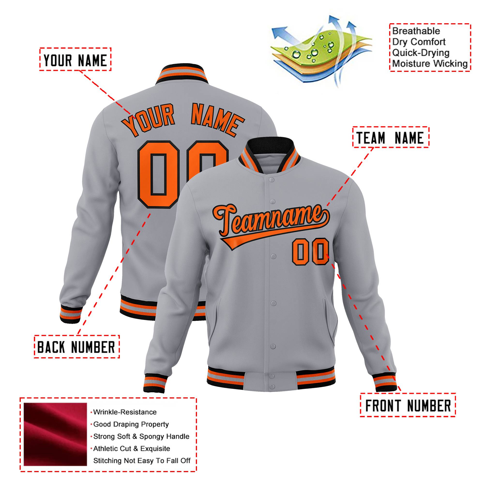 Custom Gray Orange Black Bomber Full-Snap Varsity Letterman Jacket