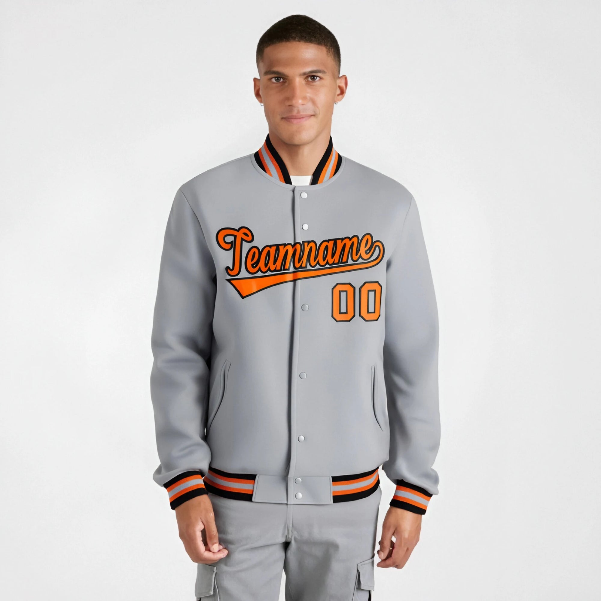 Custom Gray Orange Black Bomber Full-Snap Varsity Letterman Jacket