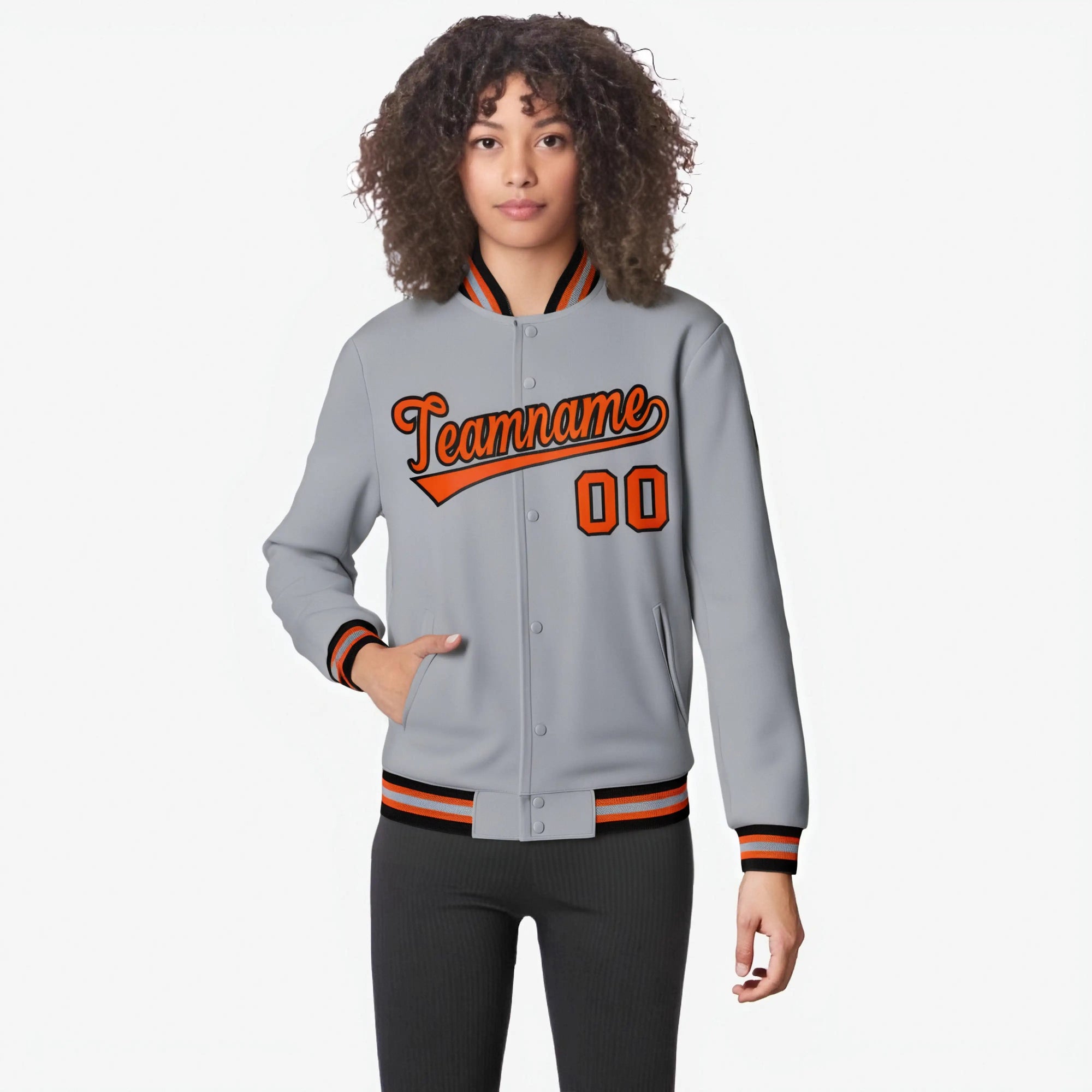 Custom Gray Orange Black Bomber Full-Snap Varsity Letterman Jacket