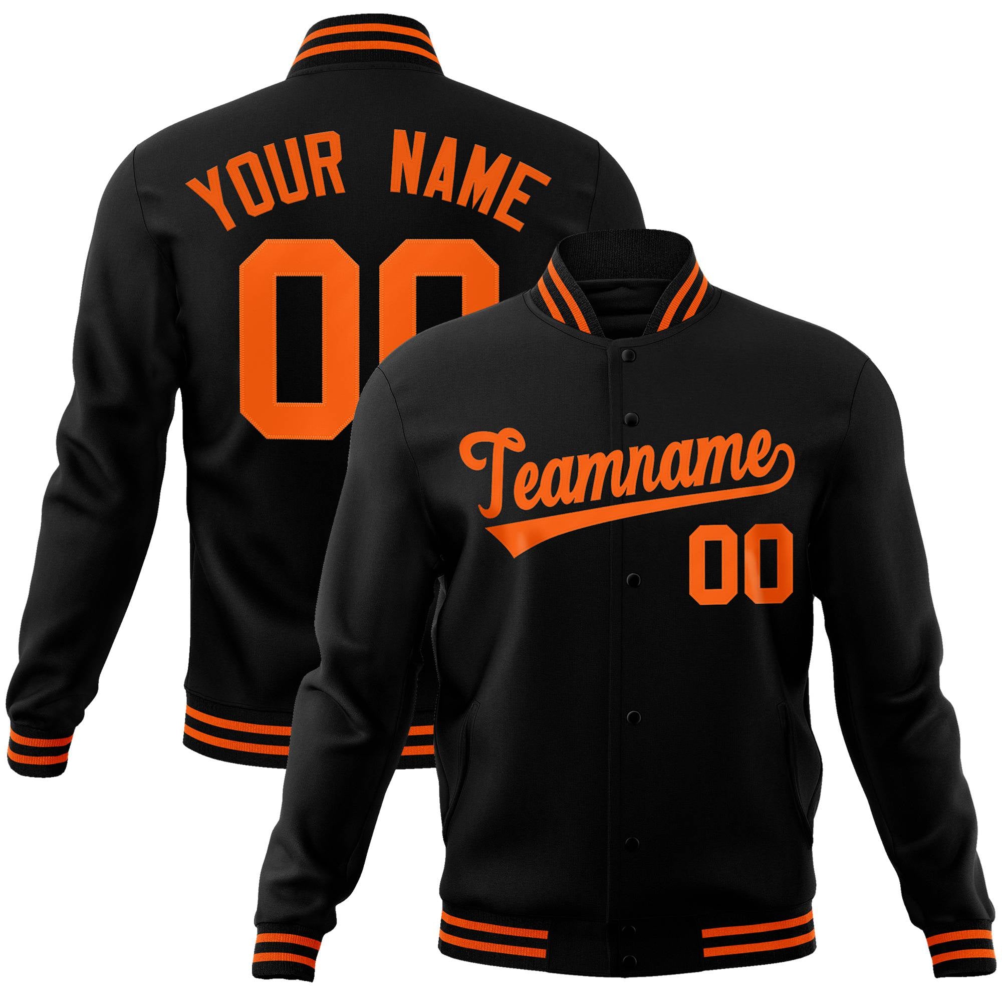 Custom Black Orange Bomber Full-Snap Varsity Letterman Jacket