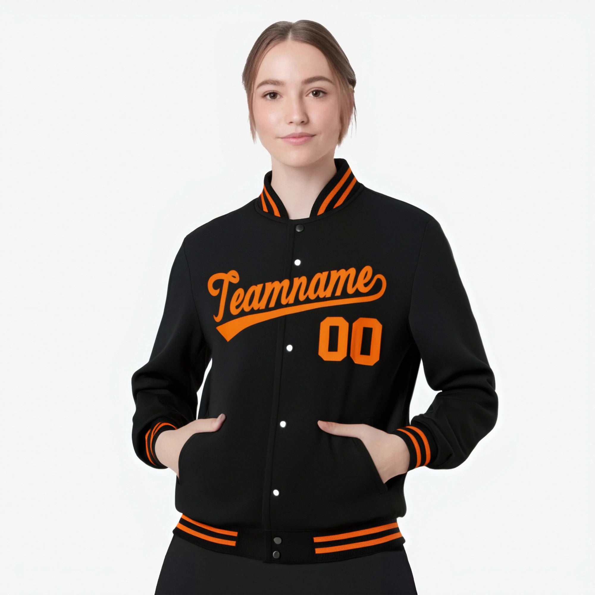 Custom Black Orange Bomber Full-Snap Varsity Letterman Jacket