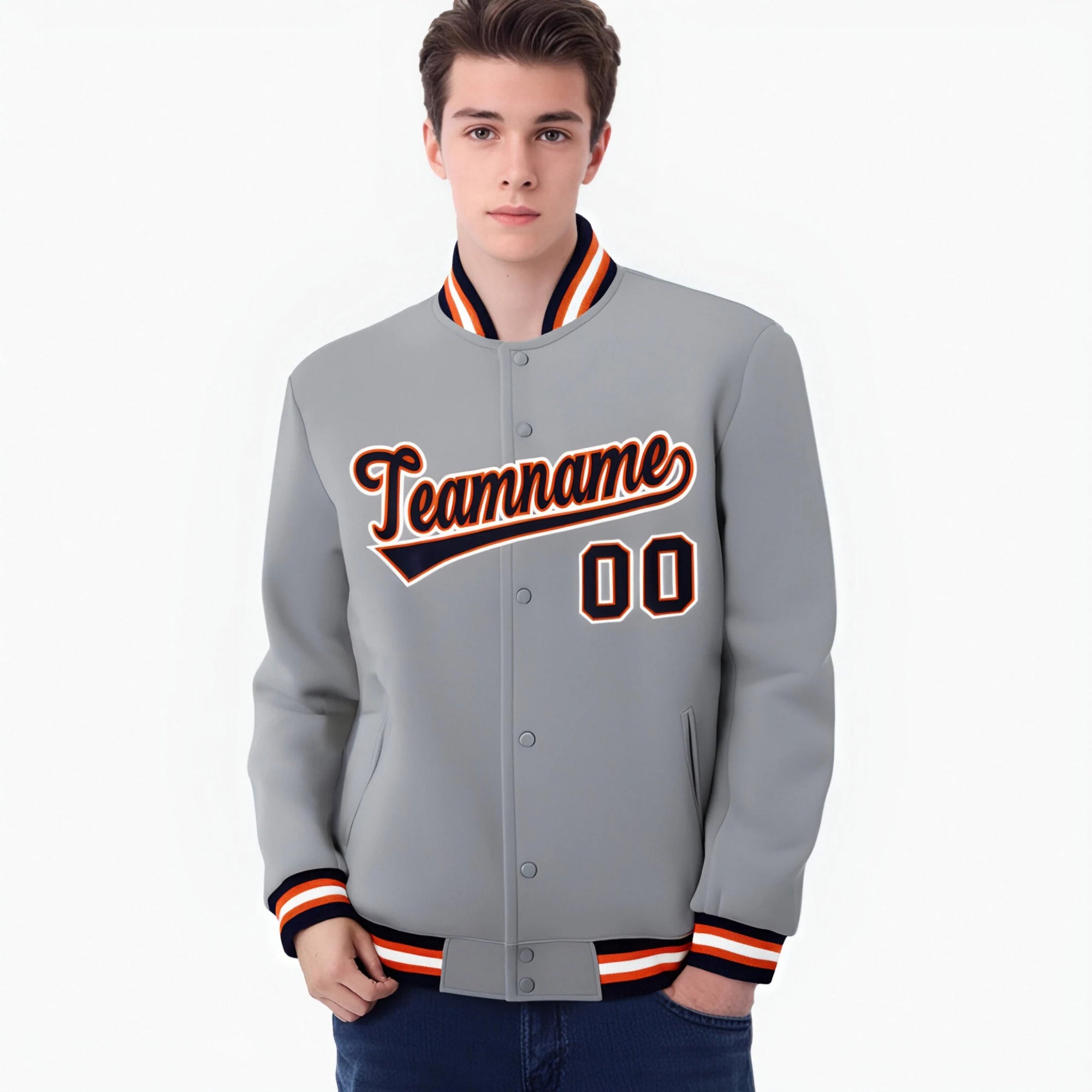 Custom Gray Navy Orange Bomber Full-Snap Varsity Letterman Jacket