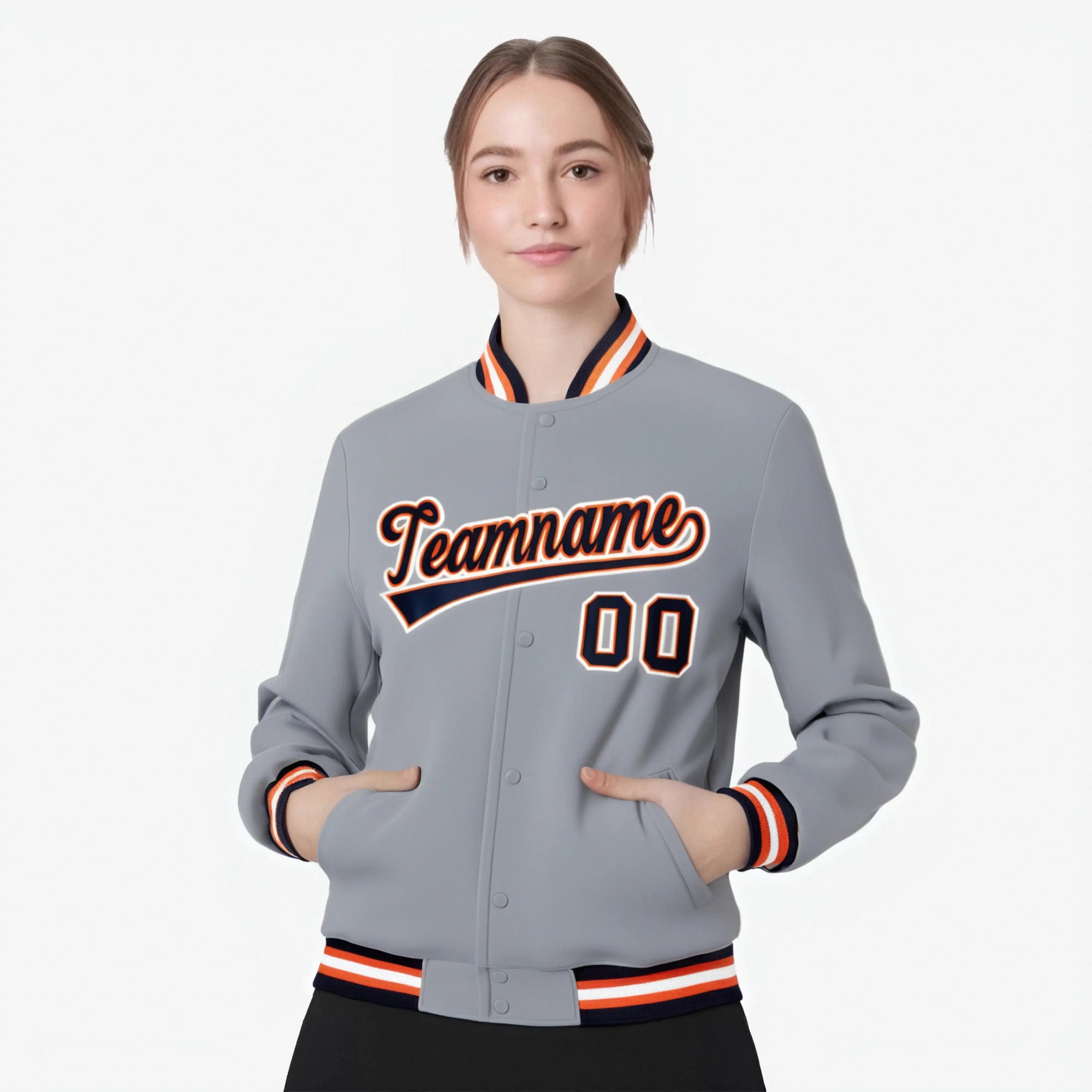 Custom Gray Navy Orange Bomber Full-Snap Varsity Letterman Jacket