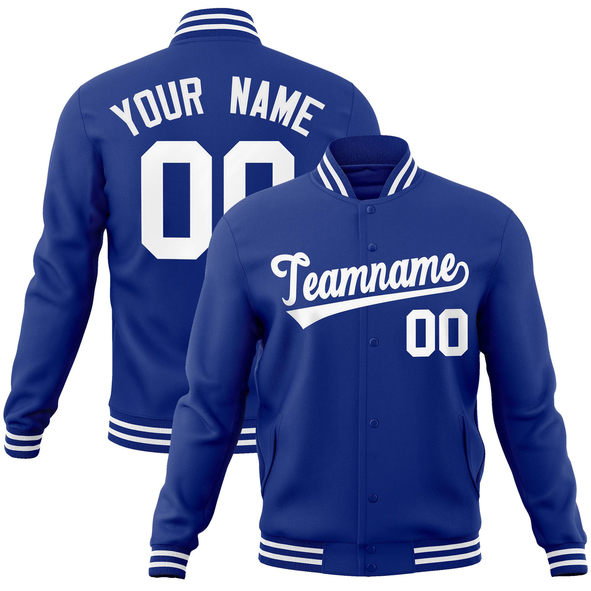 Custom Navy Blue-White Bomber Full-Snap Varsity Letterman Jacket