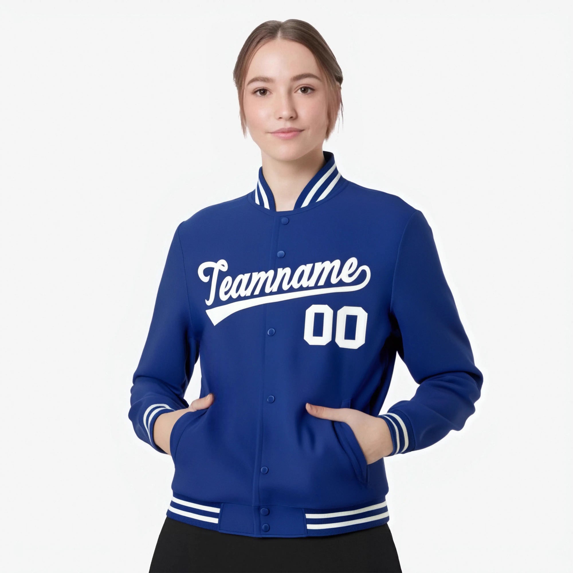 Custom Navy Blue-White Bomber Full-Snap Varsity Letterman Jacket