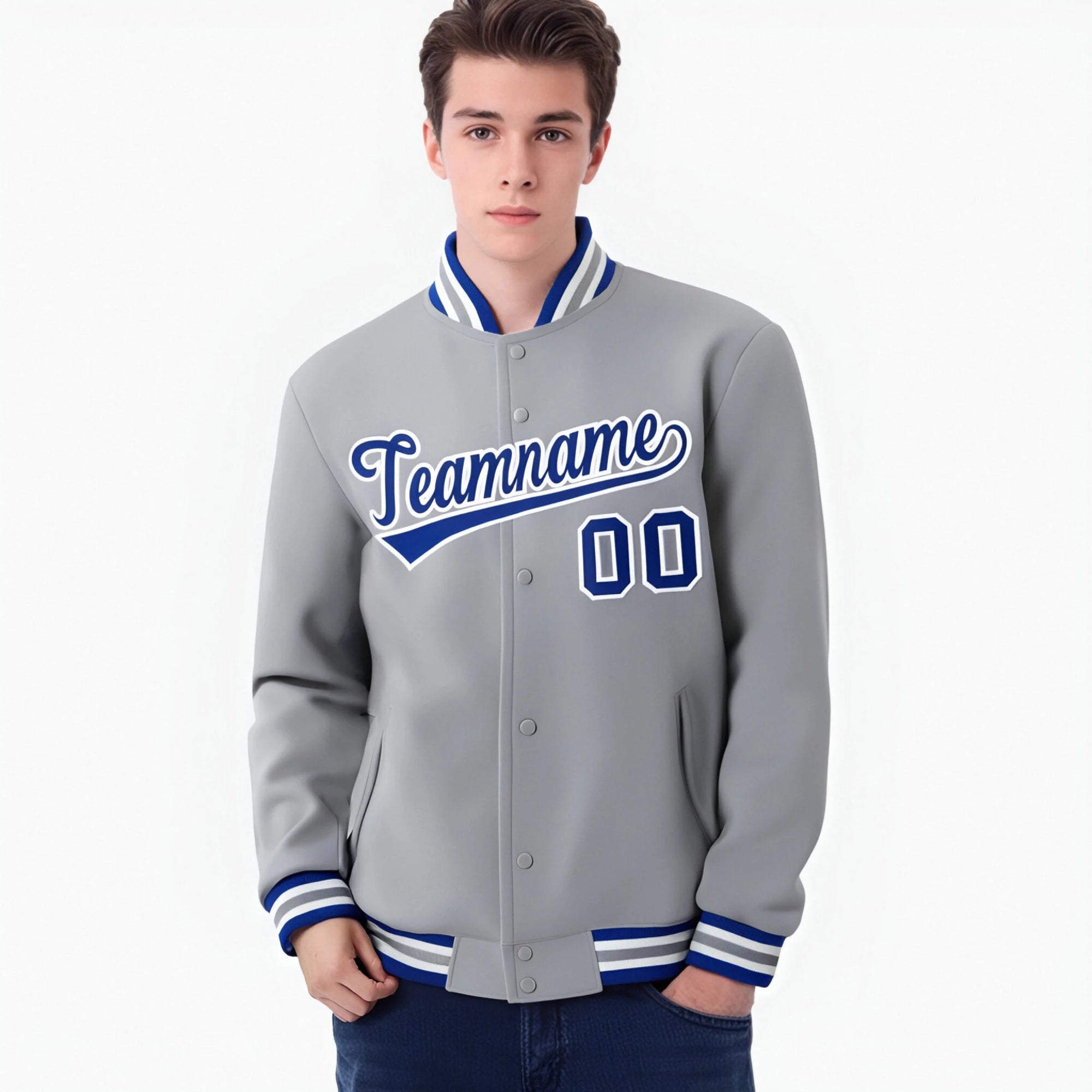 Custom Gray Blue-White Bomber Full-Snap Varsity Letterman Jacket