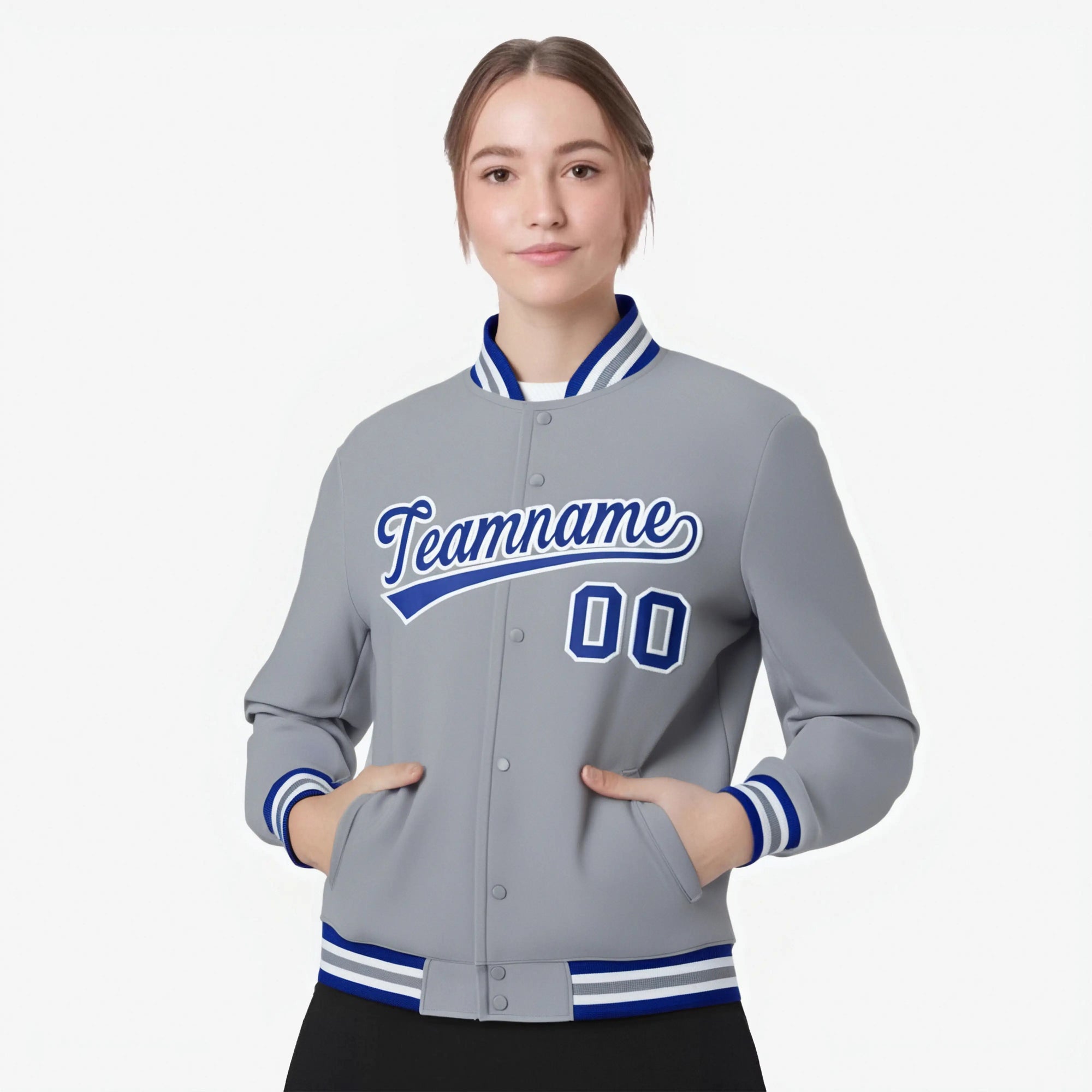 Custom Gray Blue-White Bomber Full-Snap Varsity Letterman Jacket