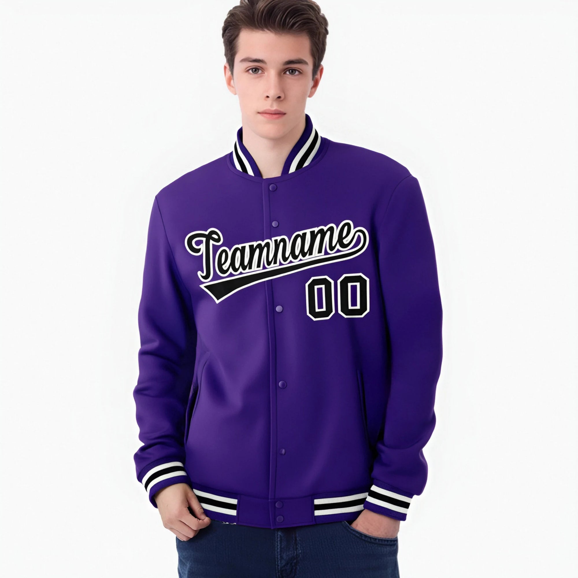 Custom Purple Black-White Bomber Full-Snap Varsity Letterman Jacket