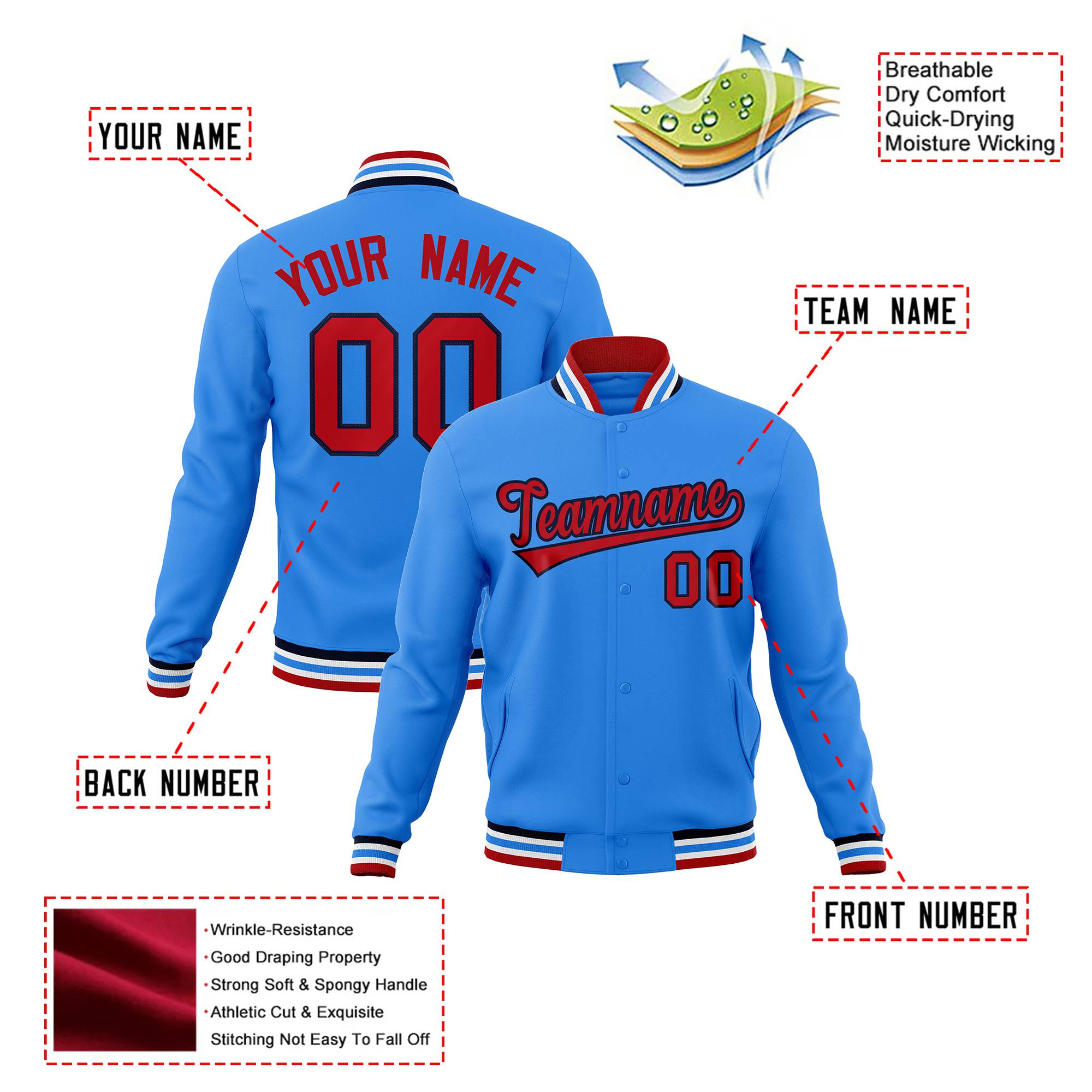 Custom Electric Blue Red-Black Bomber Full-Snap Varsity Letterman Jacket